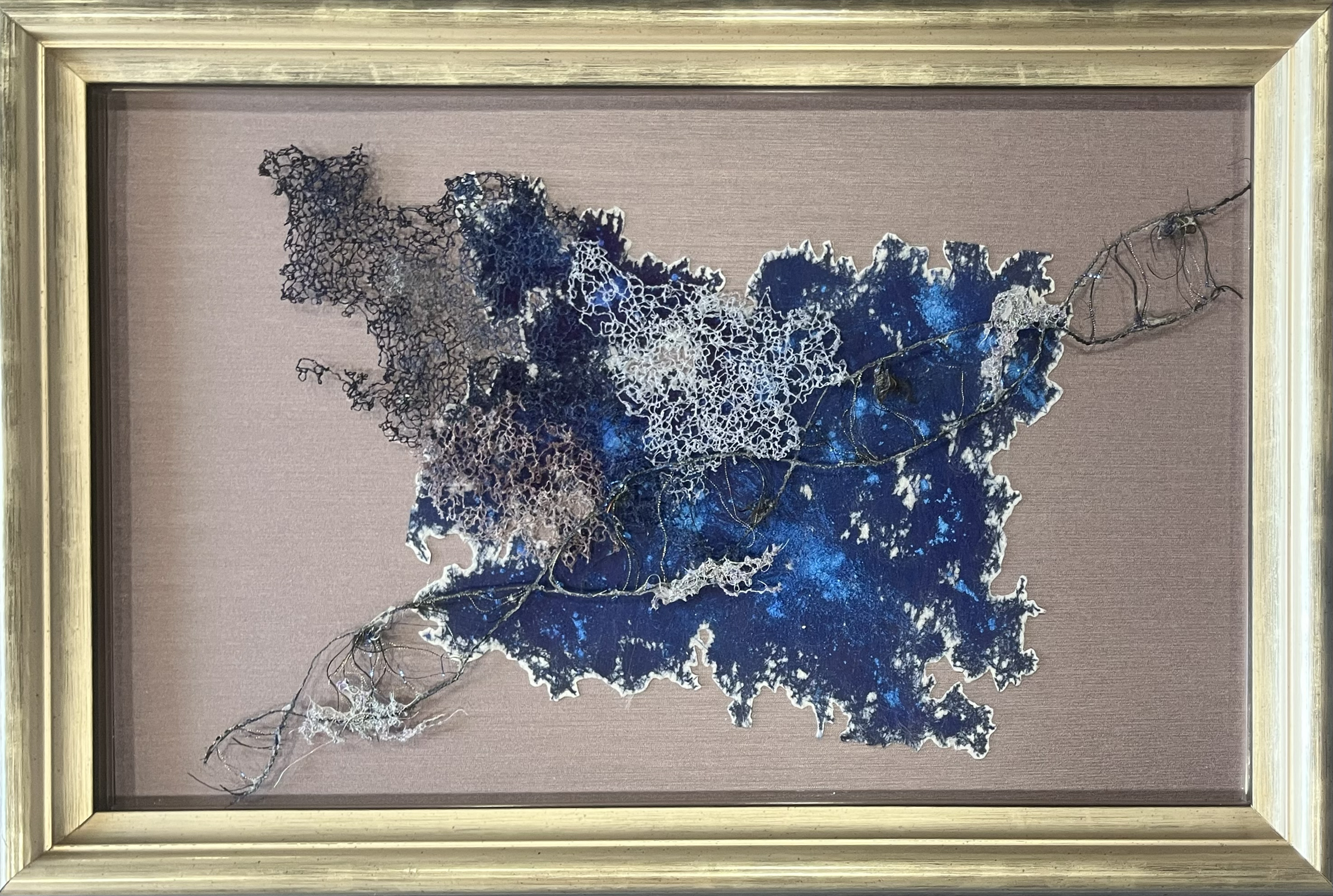 Momma’s Right Here, 2026, Fiber Sculpture, Mixed Media: Sulky metallic rayon thread, dog hair, lutradur, acrylic ink, and human ashes, 12” x 20”