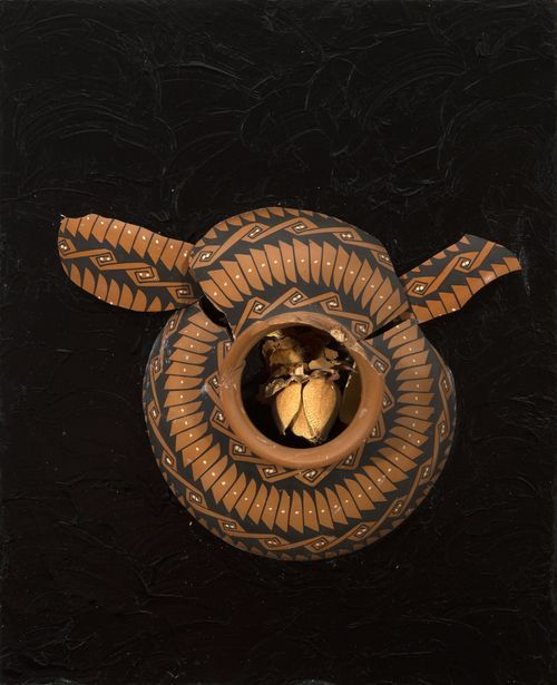 "Winged Bowl" mixed media: ceramic bowl, dried rose petals, painted wooden board, 14" x 11" x 3"