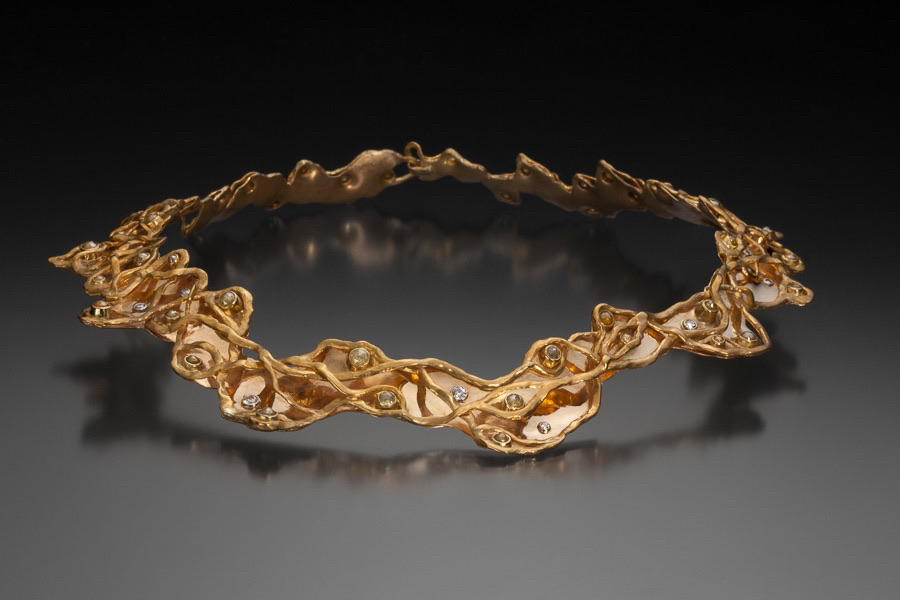 “God Particle”necklace: hand forged necklace in 22k and 18K gold set with yellow, white and cognac diamonds