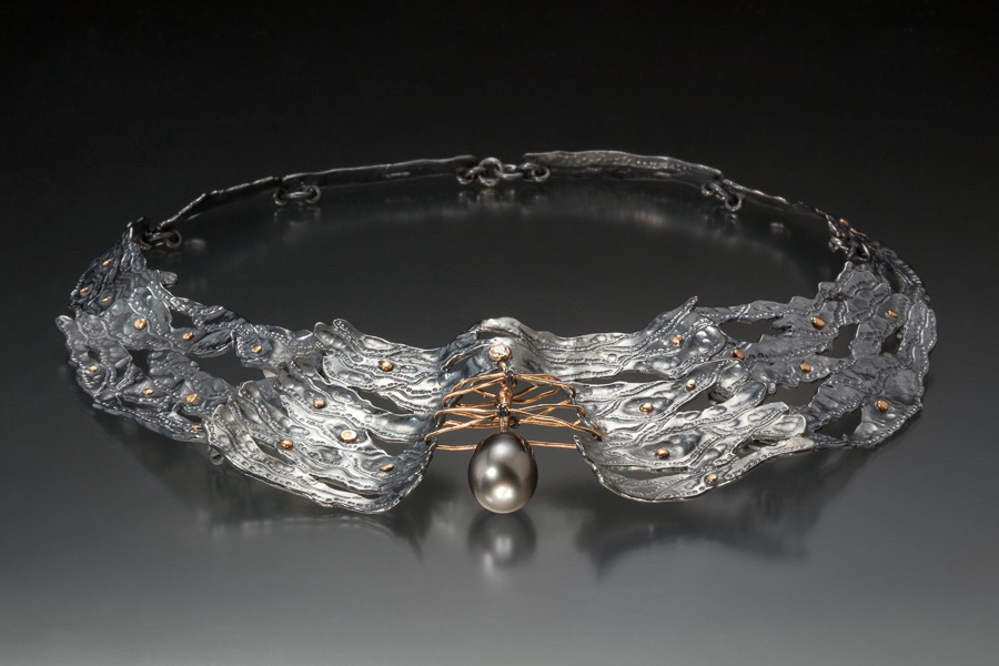 Untitled Collar: Oxidized sterling silver and 14k gold collar set with a Tahitian pearl and White diamond