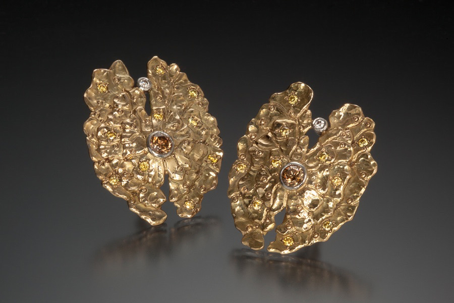 Untitled Earrings: Hand forged 18k gold and platinum earrings set with canary yellow, white and cognac diamonds