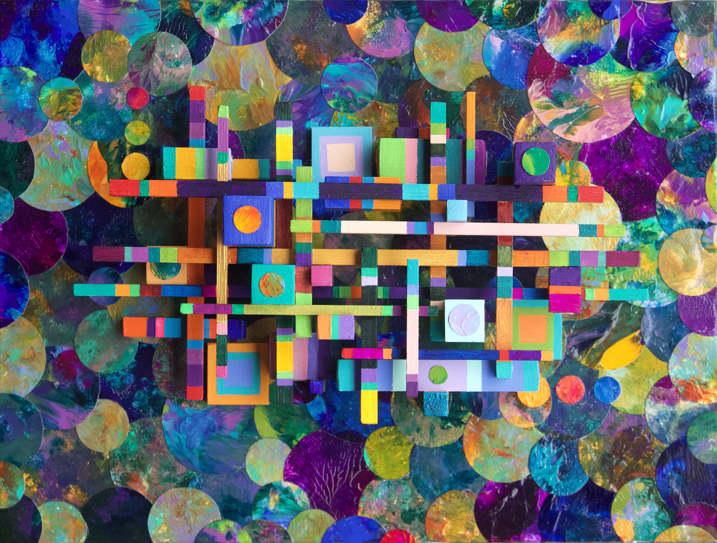 “Semaphore” 2026, mixed media (wood, paper, acrylic, glue) on wood panel, 9” x 12” x 4”