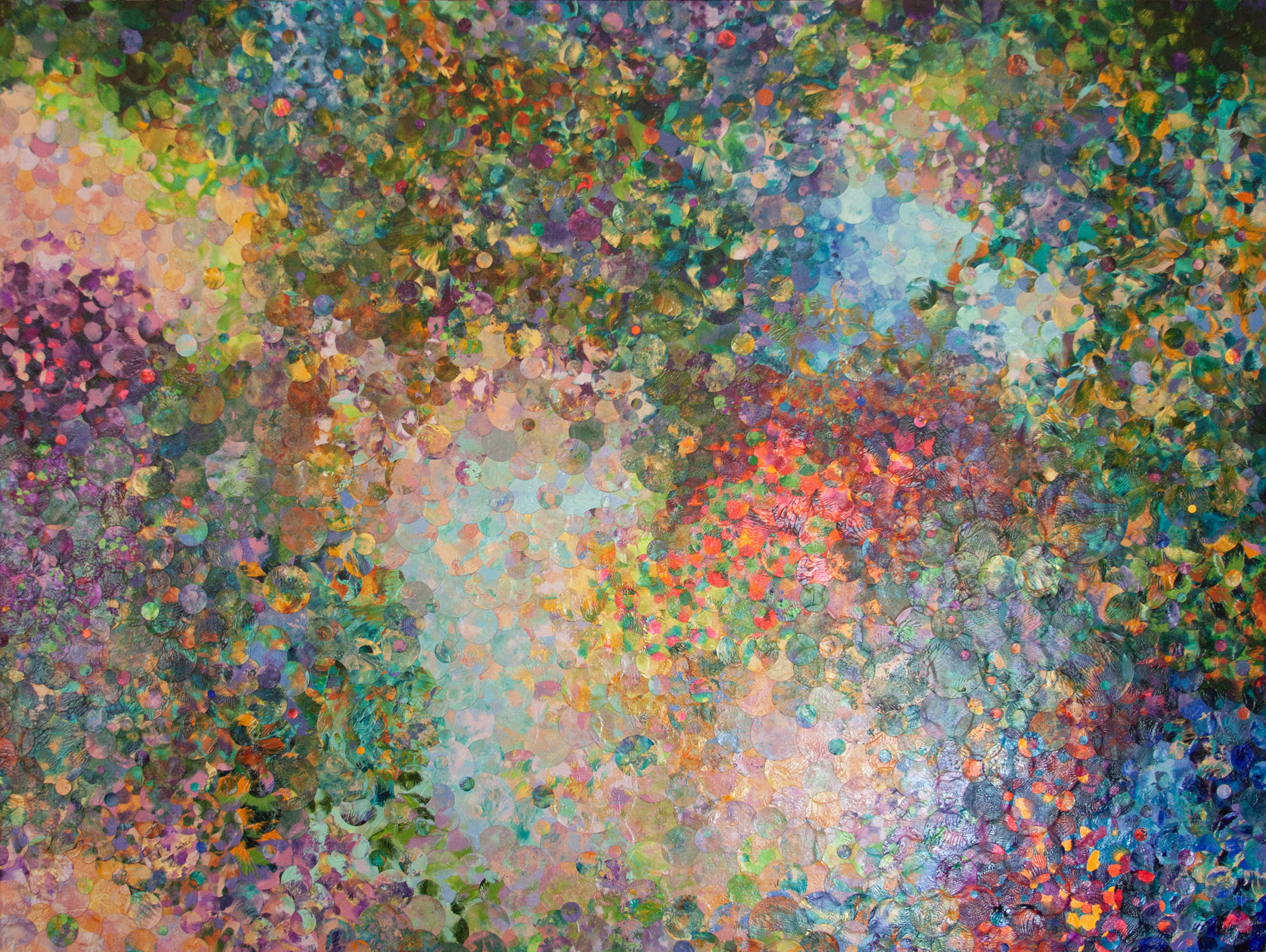 “Woodlands” 2026, mixed media painting on wood panel, 48” x 36” x 1.5”