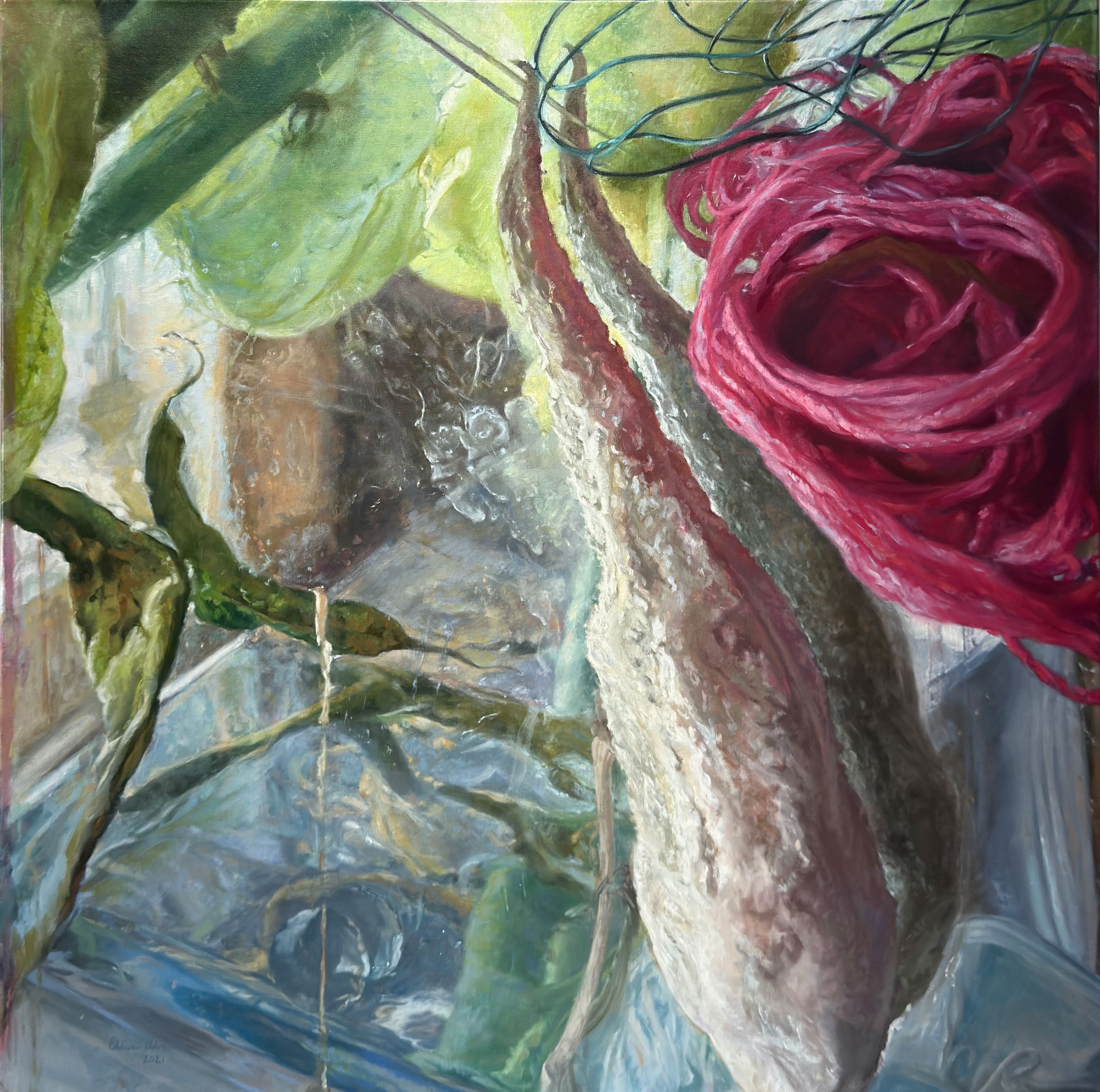 "Red Yarn Seeding" 2019 - 2021, painting, oil on linen, 30” x 30”