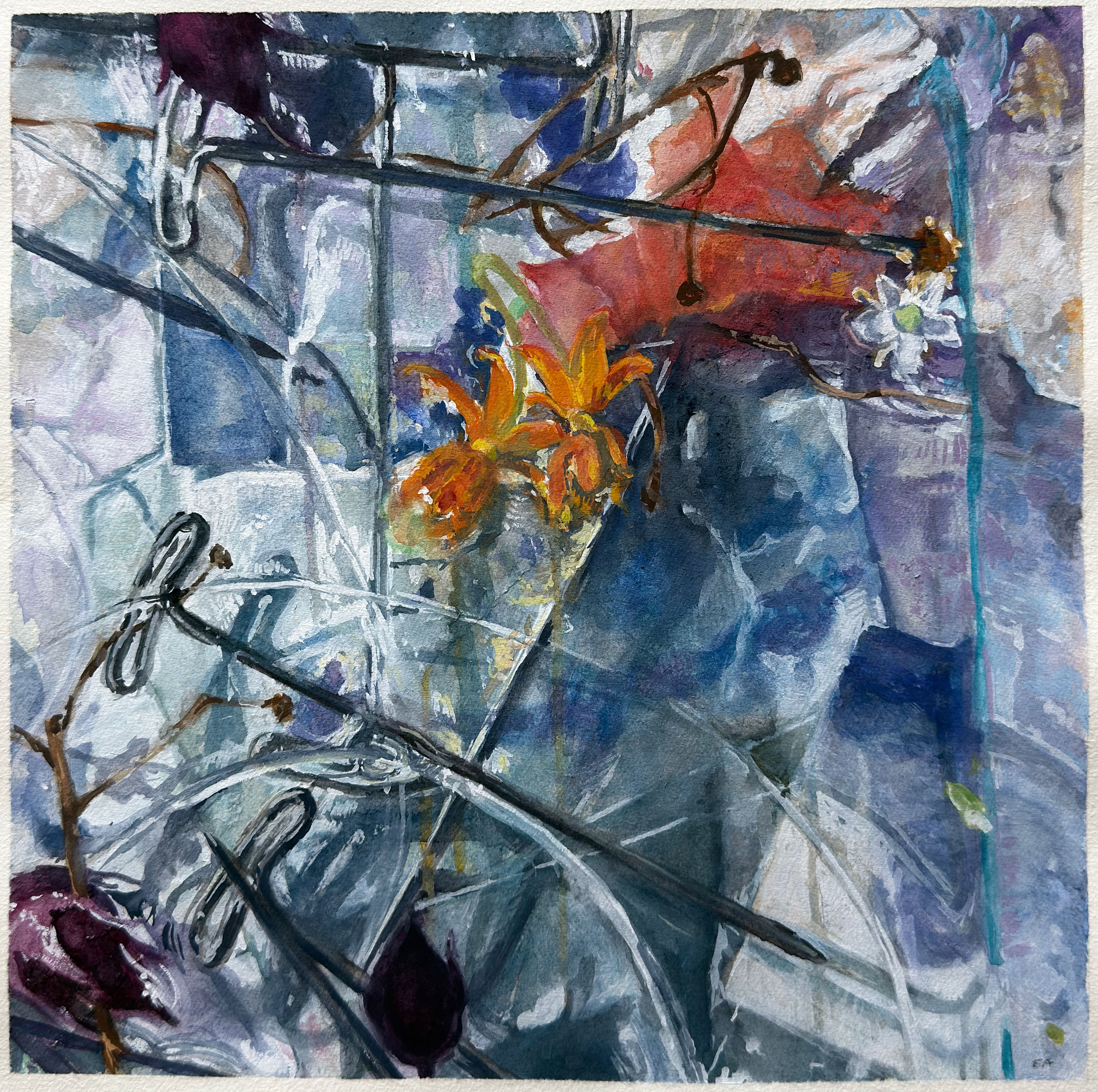 Study for “Pins and Needles” 2022, painting, gouache on paper, 15” x 15”