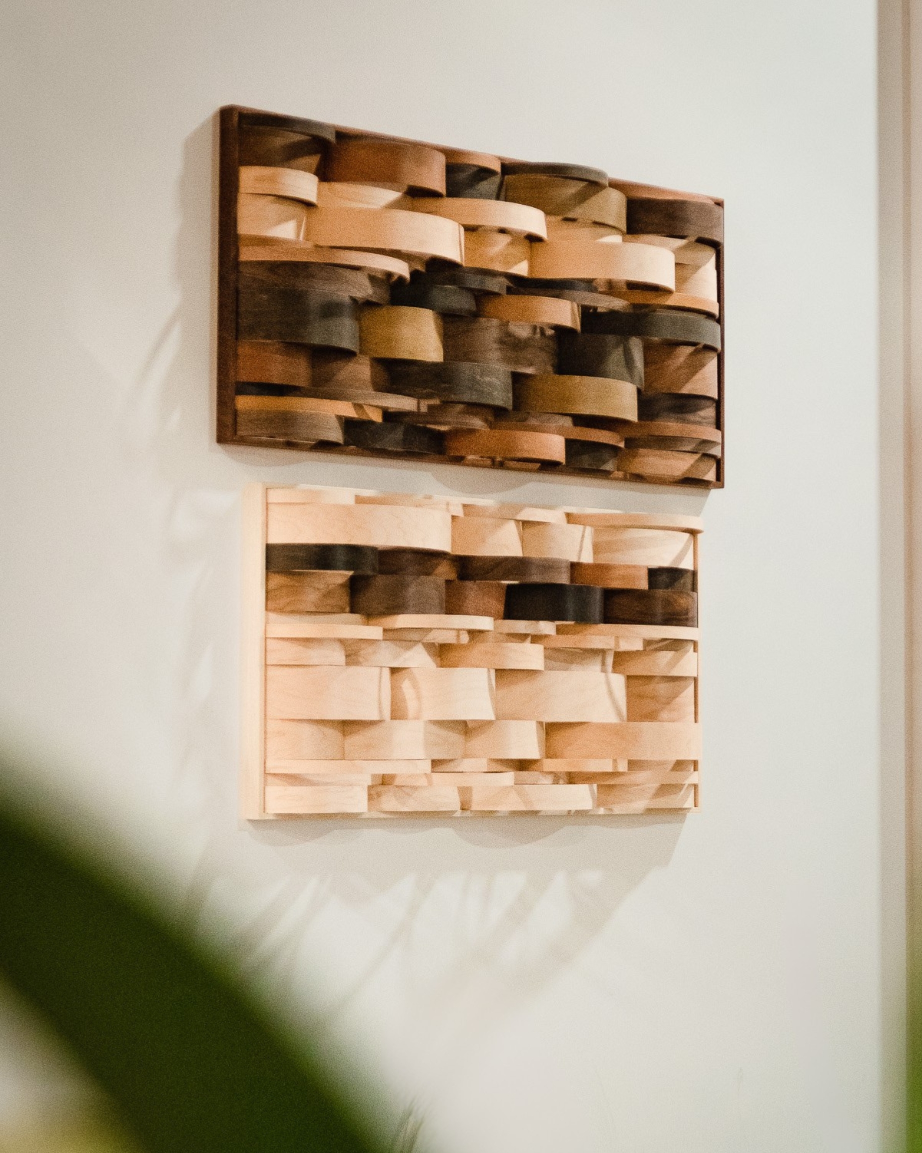 "Contrast Set" 2024, wood drum shell fragments, maple + walnut frame, 24” x 48” + 24” x 52”