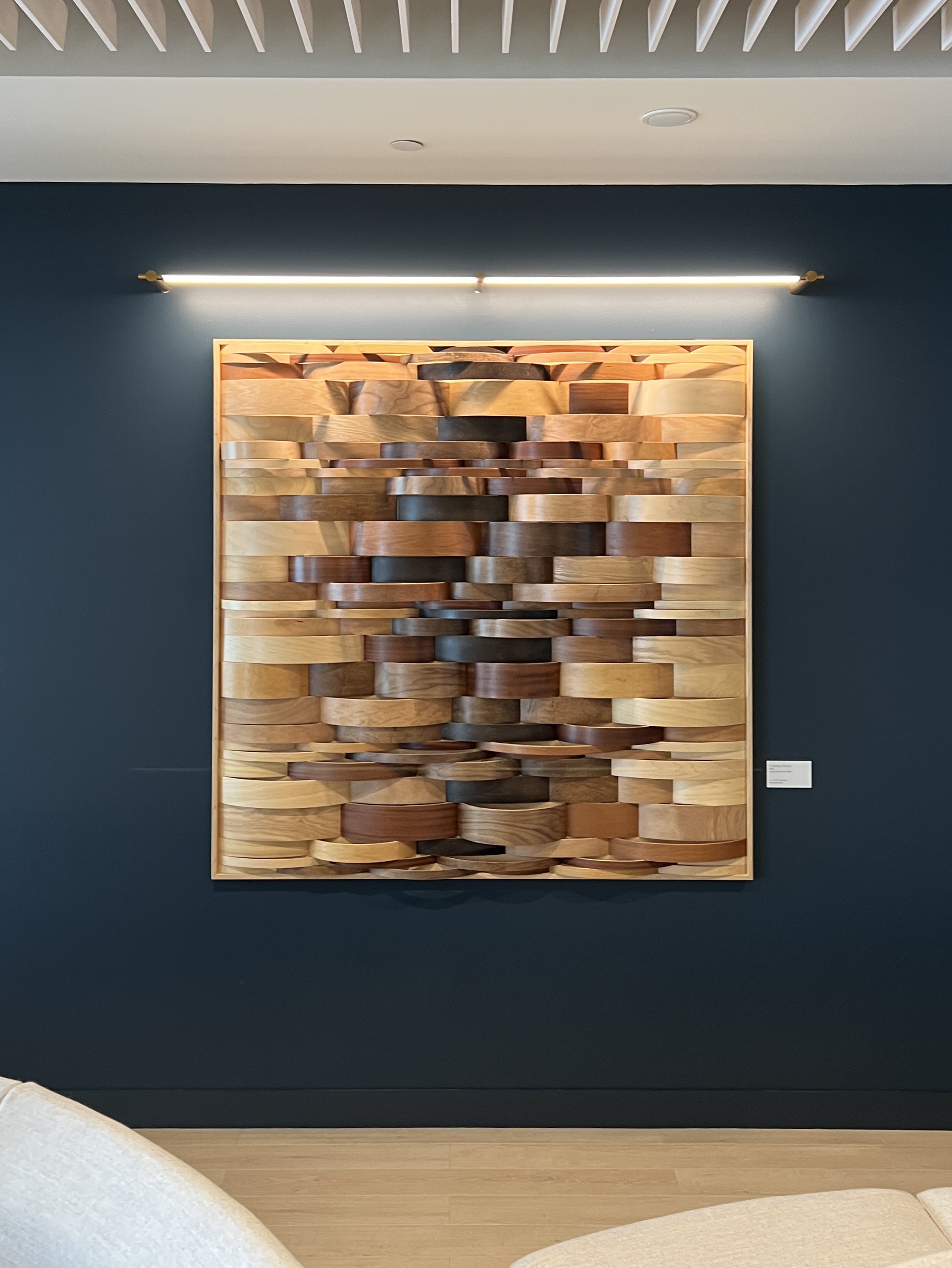 "Gradient" 2026, wood drum shell segments, maple frame, 5’ x 5’