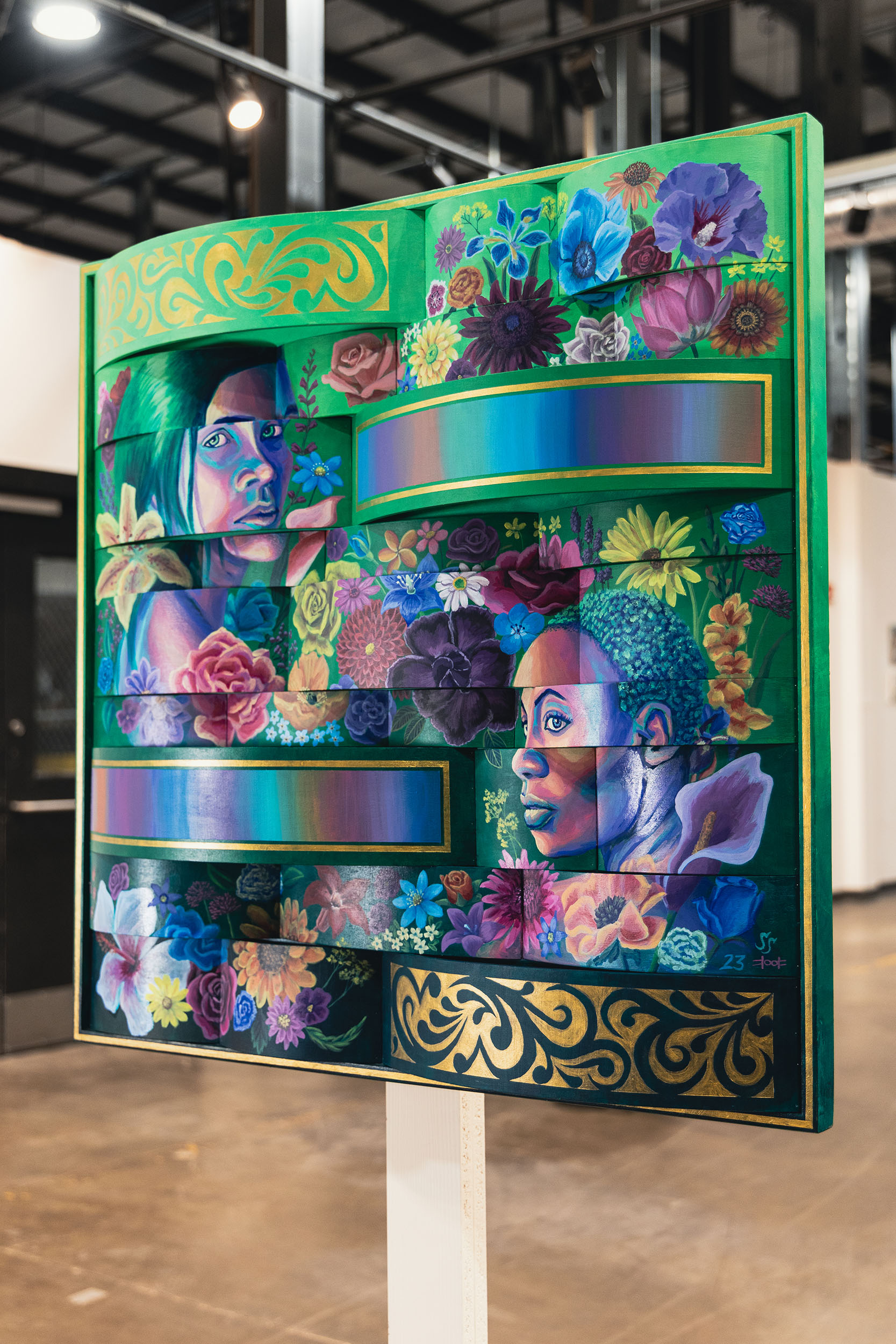 "Florescence w. Surina Slack" 2023, wood drum shell fragments, acrylic paint, 30” x 30”