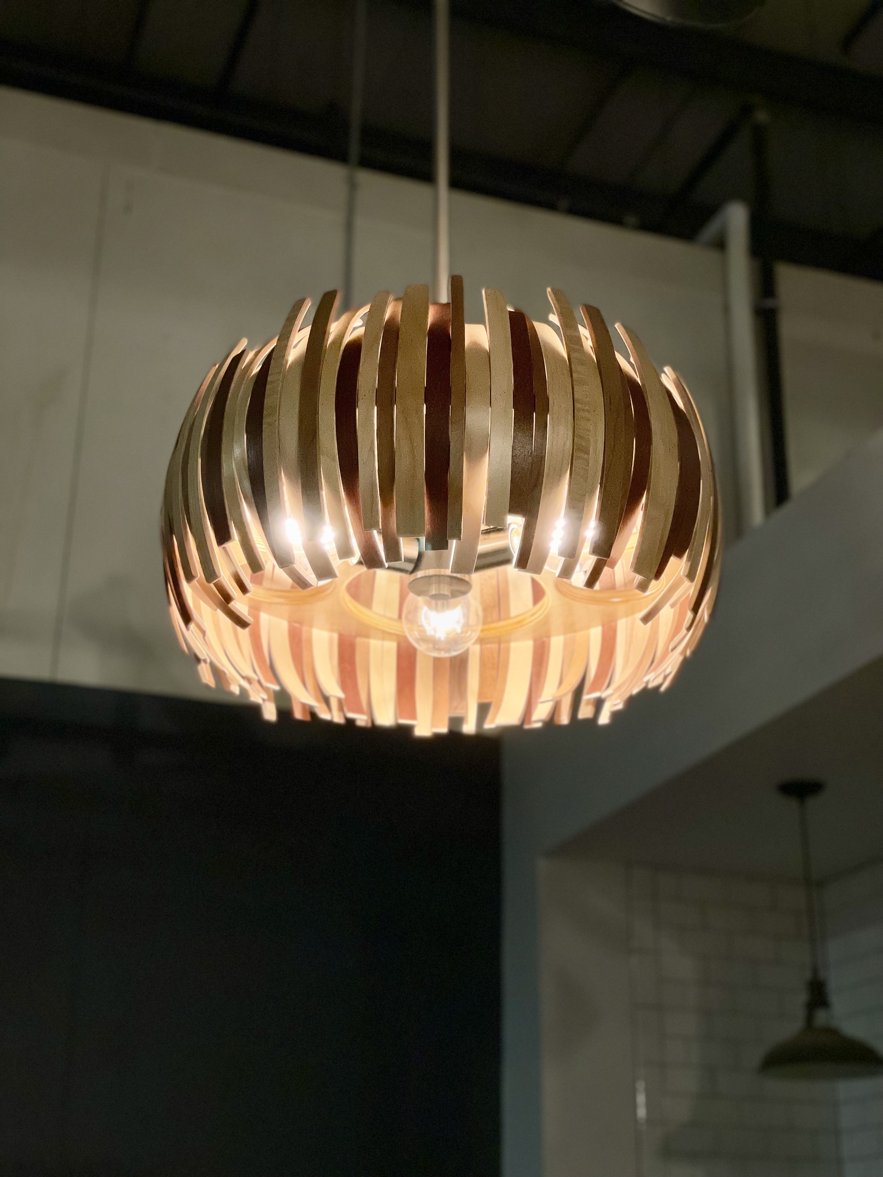 "Full Shell Chandelier" 2025, wood drum shell fragments, LED bulbs, 28” x 12”
