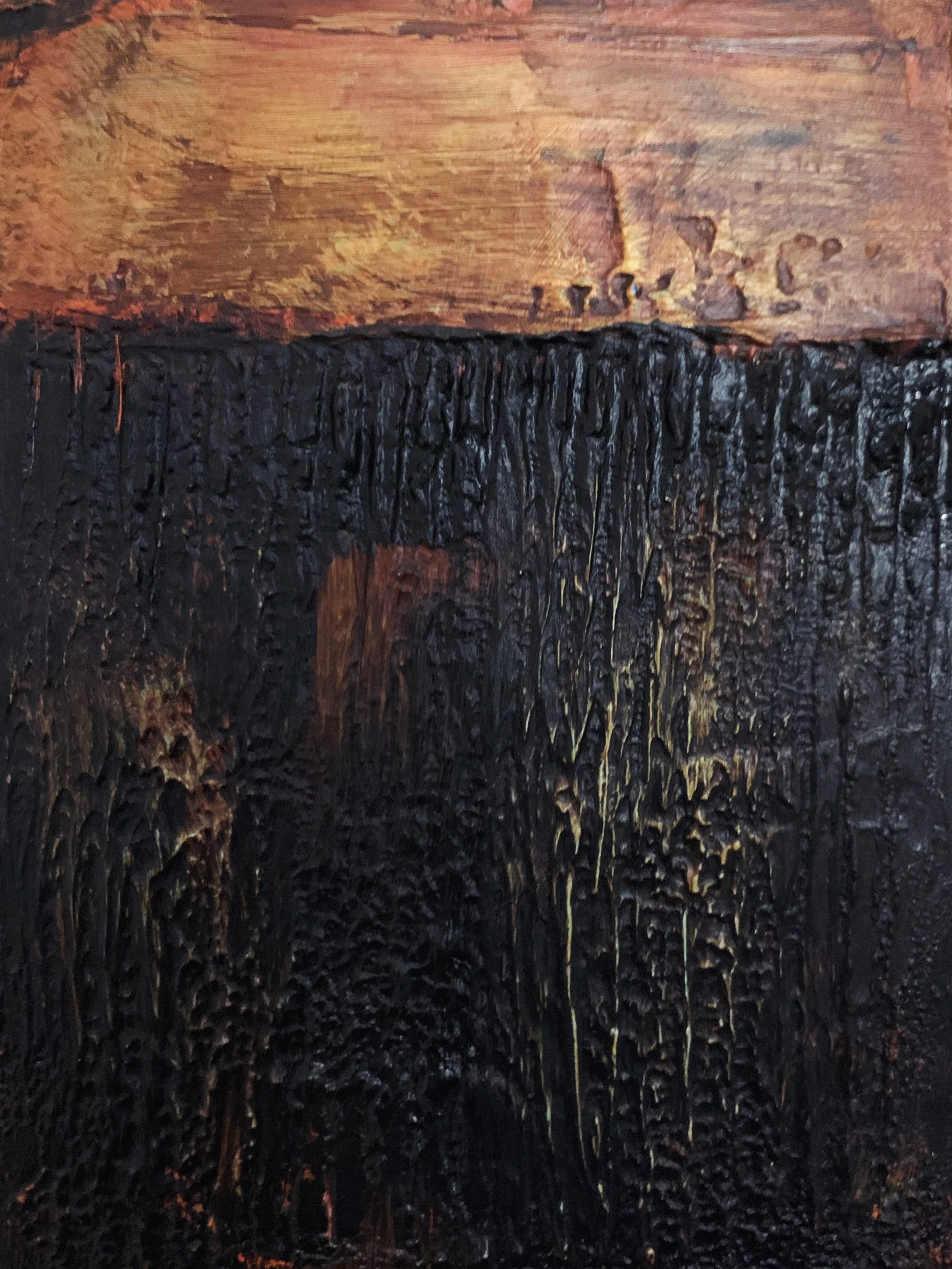 “Charred Blast Site”acrylic on cradled wood, 6 x 8 x 2 inches