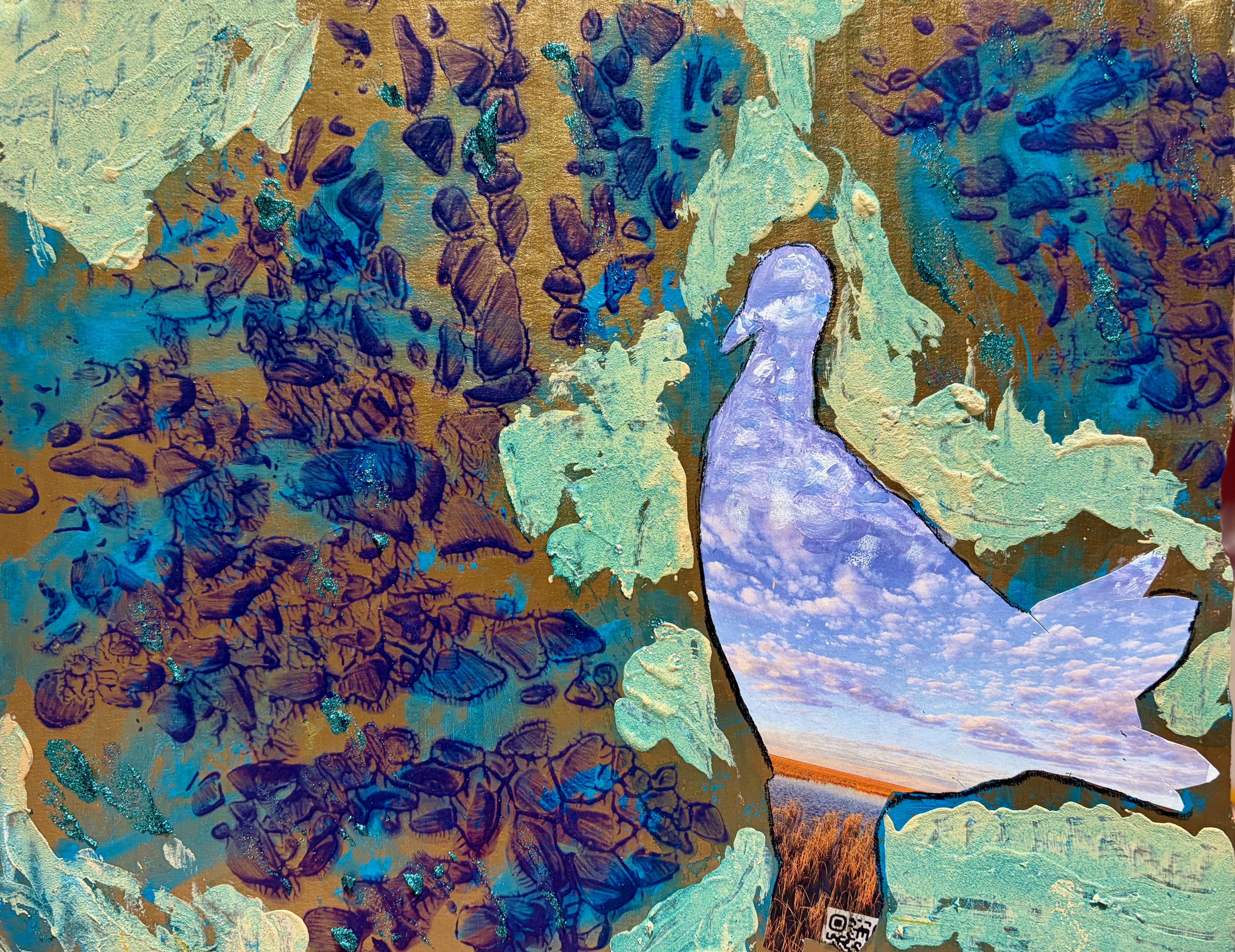 "Gallinule in the Sky with Seashells" mixed media collage on paper, 12" × 15"