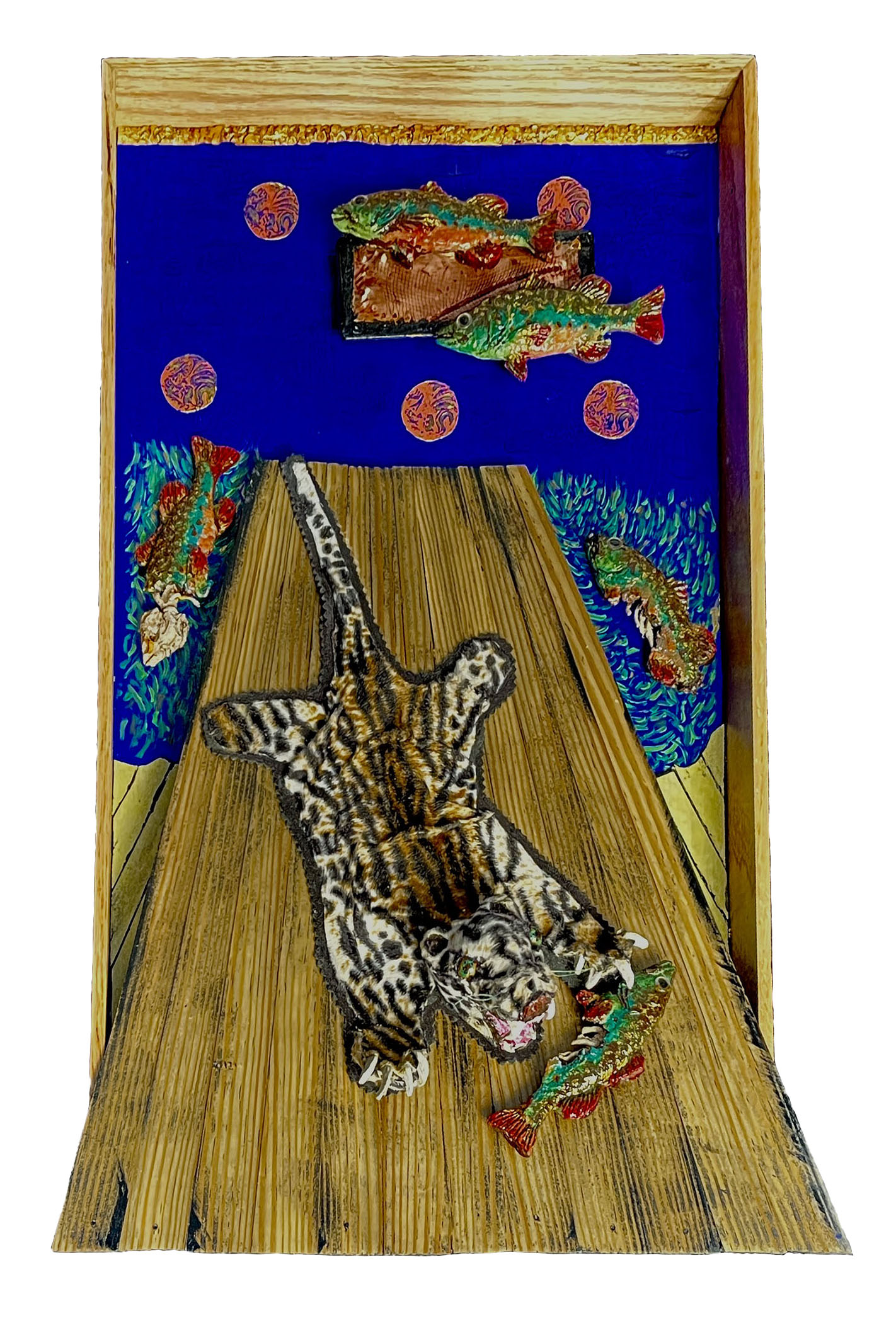 "Trophies Equilibrium" 2016, Sculpture, Wood, Papier-Mâché, Canvas, Faux Fur, Copper, 27” x 15” x 3”