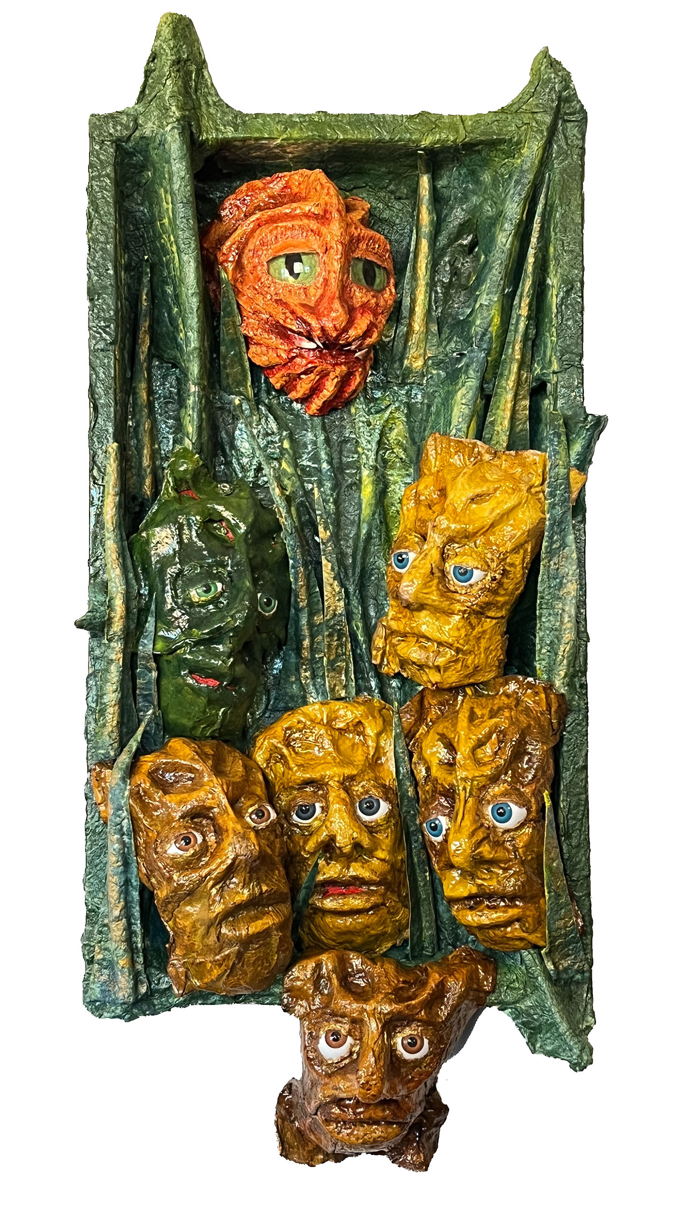 "We’re All in it Now" 2025, Sculpture, Wood, Papier-Mâché, Flower Stems, Oyster Shell, Plastic, 28” x 12.5” x 5”