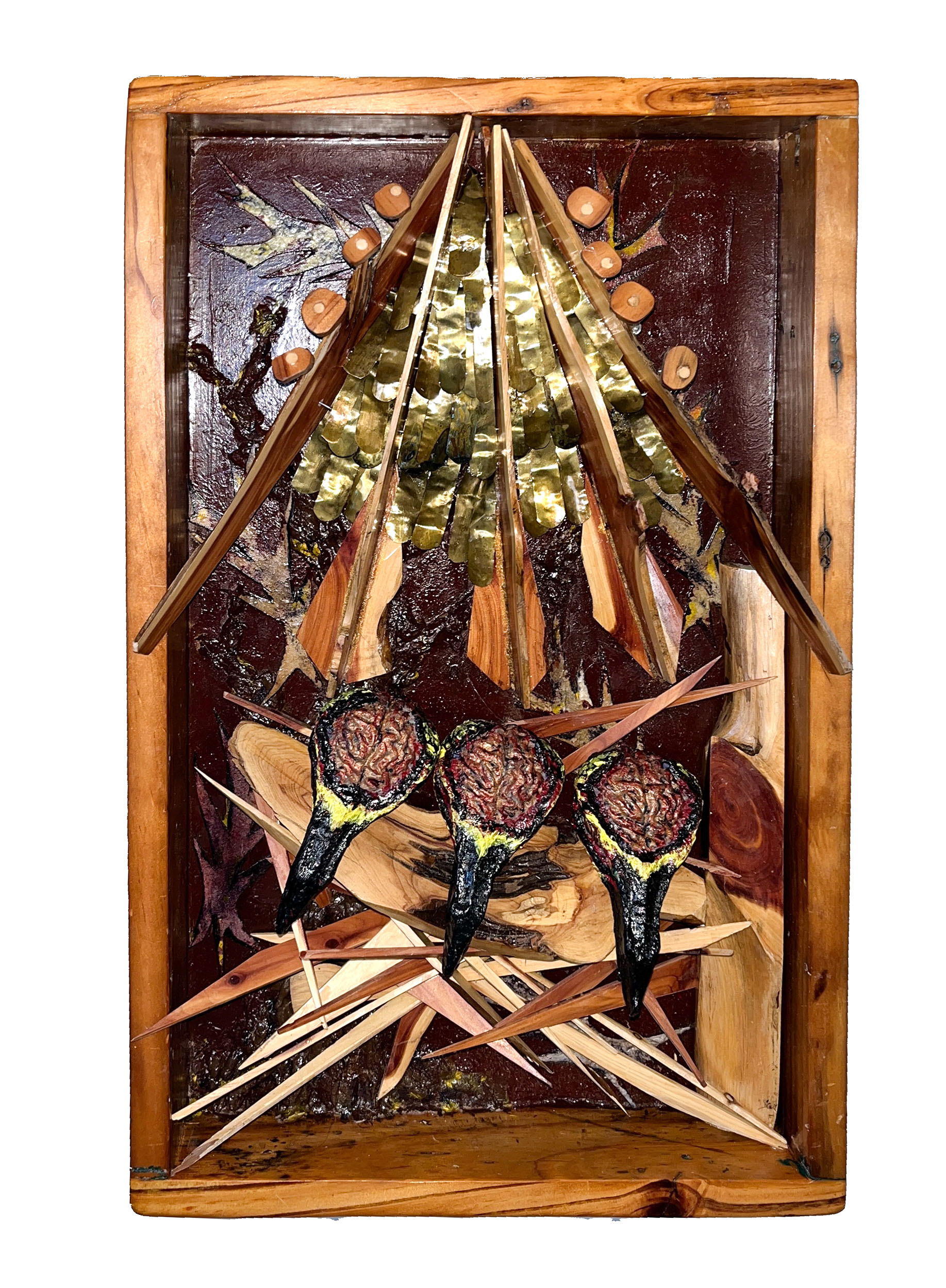 "Rapscallion Brainy Birds" 2026, Sculpture, Wood, Brass, Papier-Mâché, Aluminum, 19.75” x 12” x 4” 