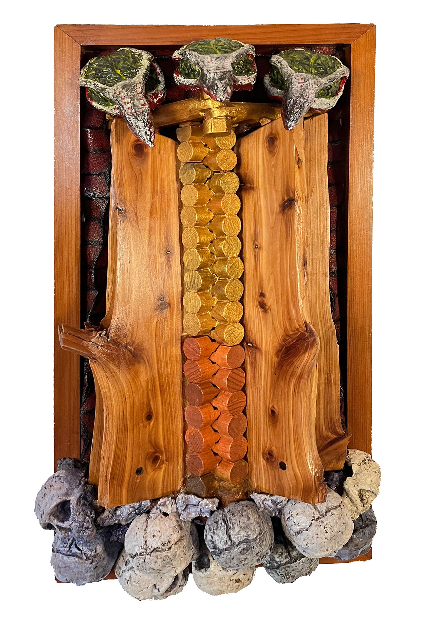 "Justice Rigged SCOTUS" 2025, Sculpture, Cedar Log, Lincoln Logs, Wood, Papier-Mâché, Sandpaper, 19” x 9.5” x 4”
