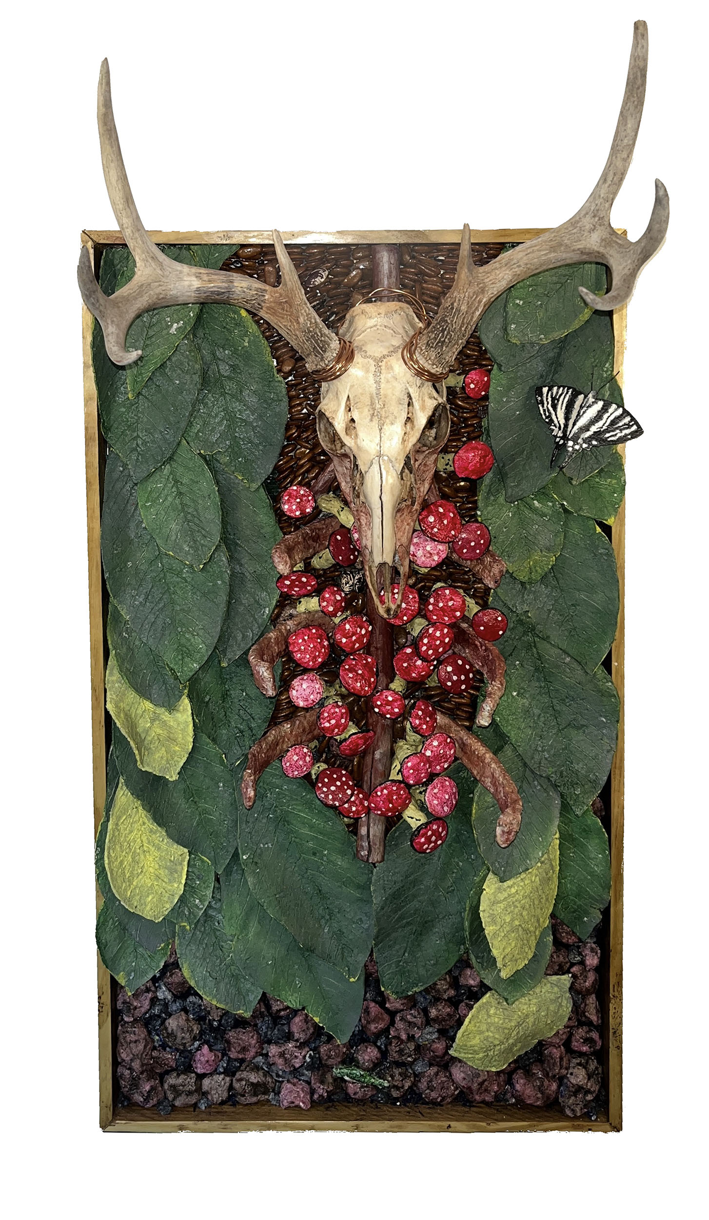 "Forest Spirit" 2024, Sculpture, Wood, Papier-Mâché, Signs “We Buy Houses”, Pawpaw Seeds, Copper, Hardware Cloth, Bone, 42” x 20” x 15”