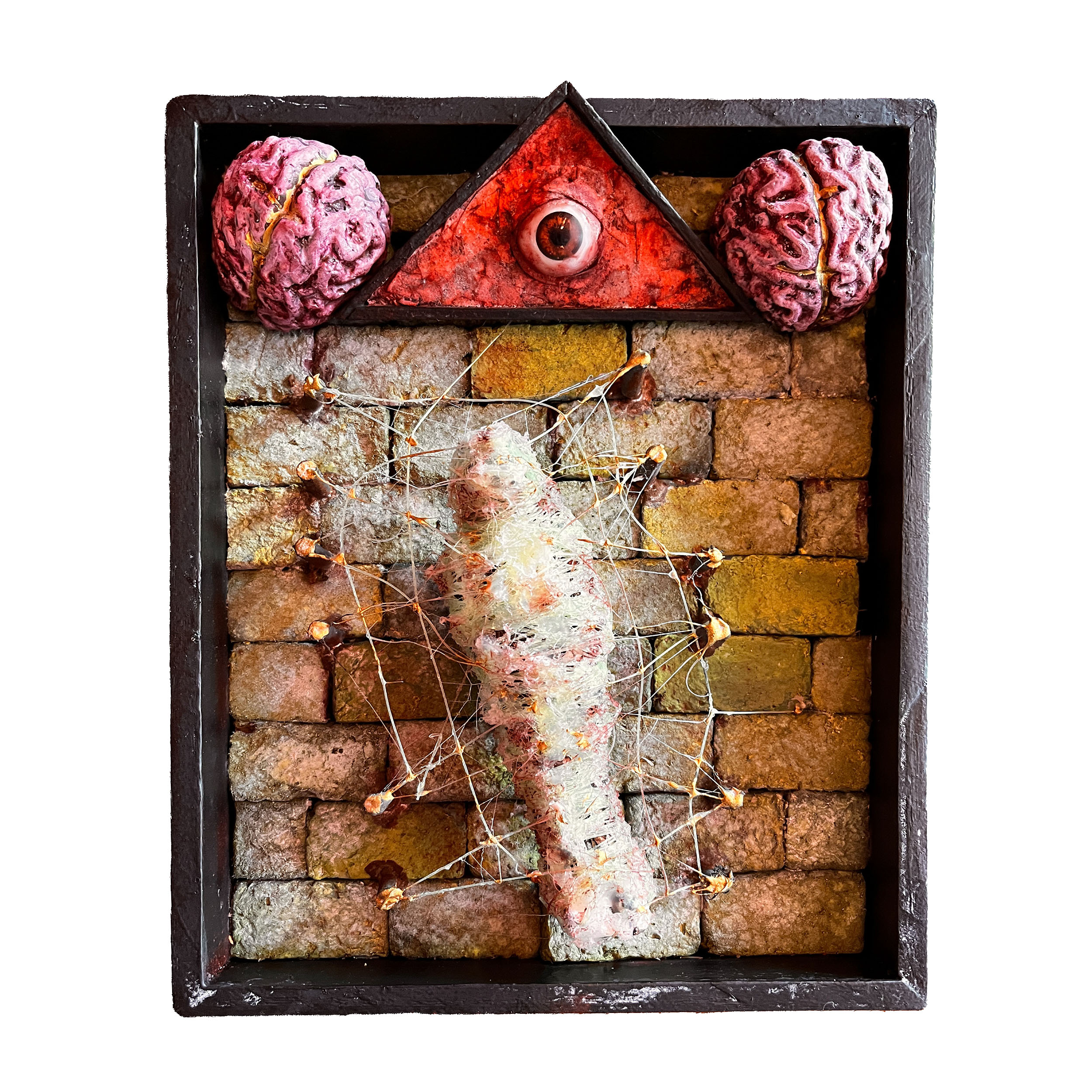 "Conspiracies Captive" 2023, Sculpture, Wood, Papier-Mâché, Monoﬁlament, 8” x 10” x 2”