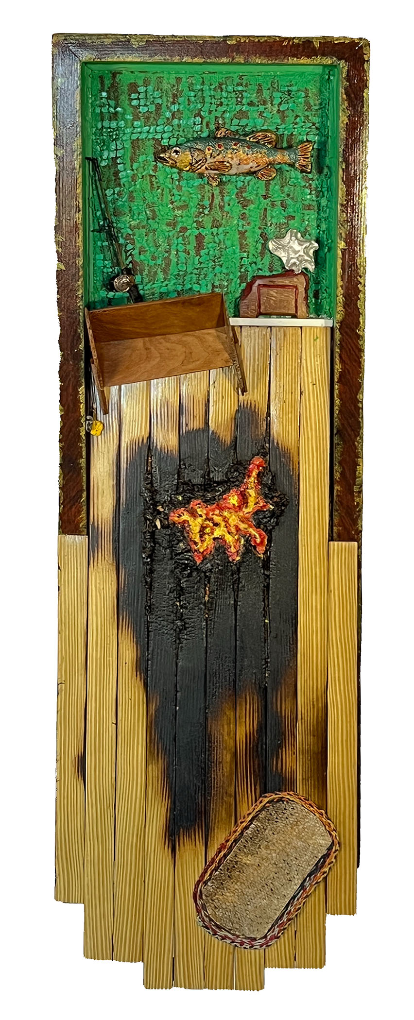 "Floor Was Lava" 2026, Sculpture, Wood, Papier-Mâché, Lace, Umbrella Components, 33.75” x 10.25” x 3.5”
