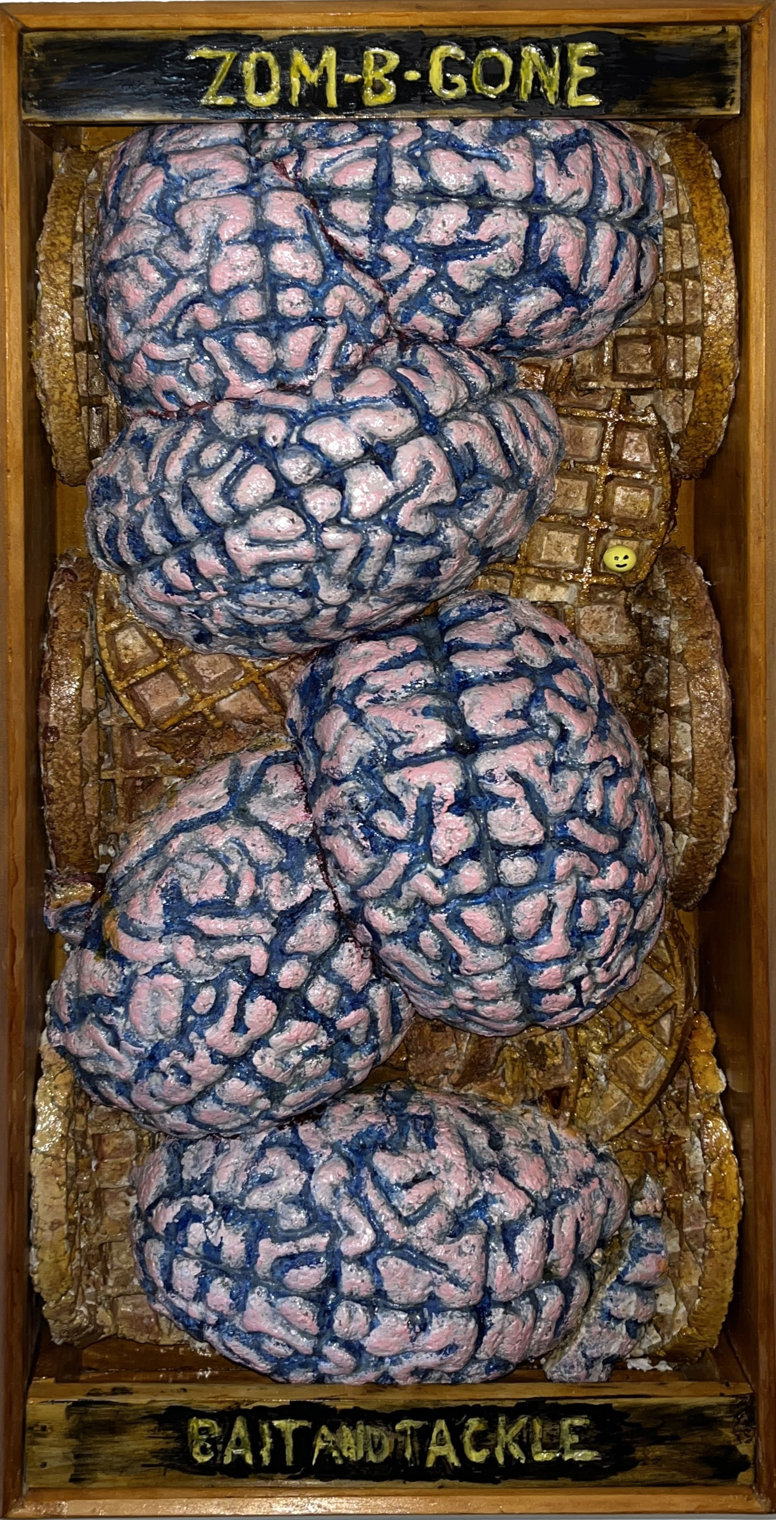 "Zom-B-Gone Bait and Tackle" 2025, Sculpture, Wood, Papier-Mâché, 25” x 11.5” x 3.5”