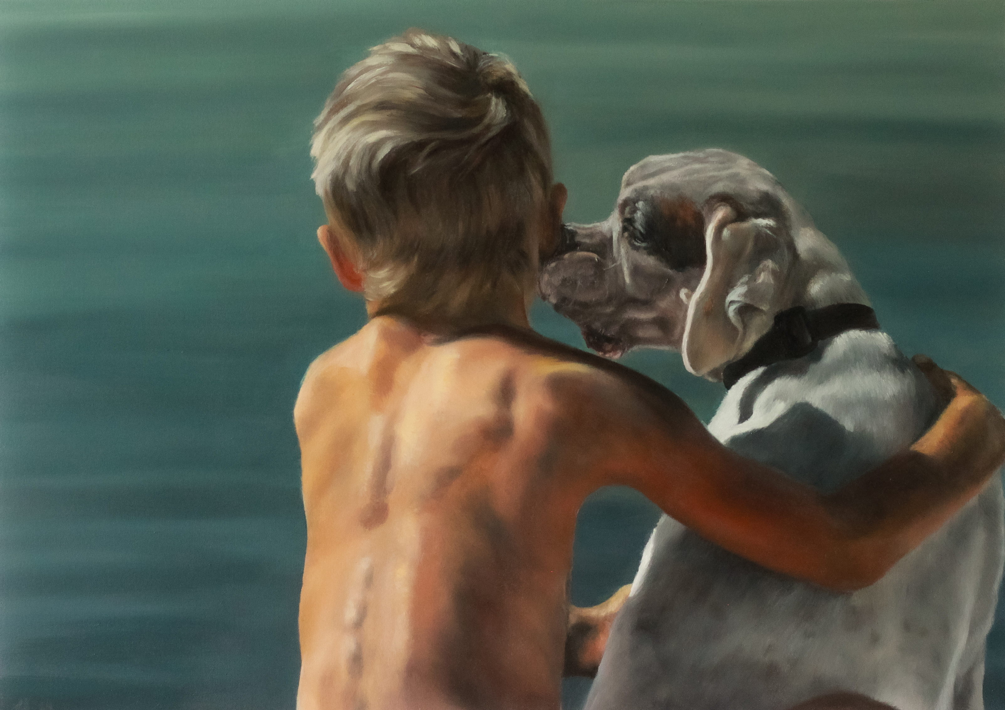 "Lach and Scout" 2024, oil on paper, 30 x 22 inches