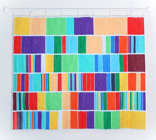 "Coronavirus Elegy" acrylic ink on surgical masks, music composition, 46 x 48 x 2 inches. This tapestry, constructed of surgical masks, is a direct translation of deaths related to COVID-19.