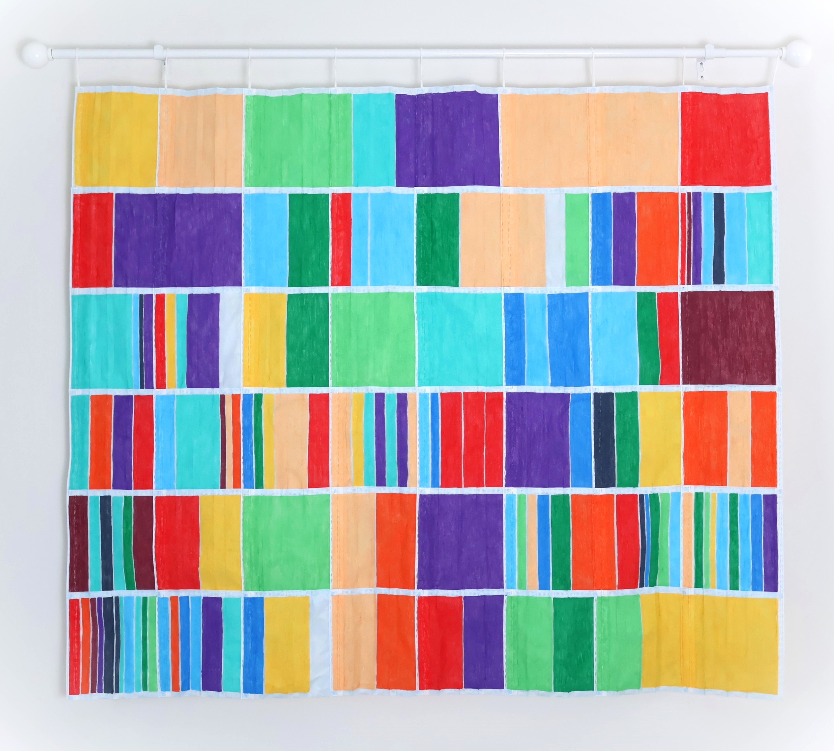 "Coronavirus Elegy" acrylic ink on surgical masks, music composition, 46 x 48 x 2 inches. This tapestry, constructed of surgical masks, is a direct translation of deaths related to COVID-19. 