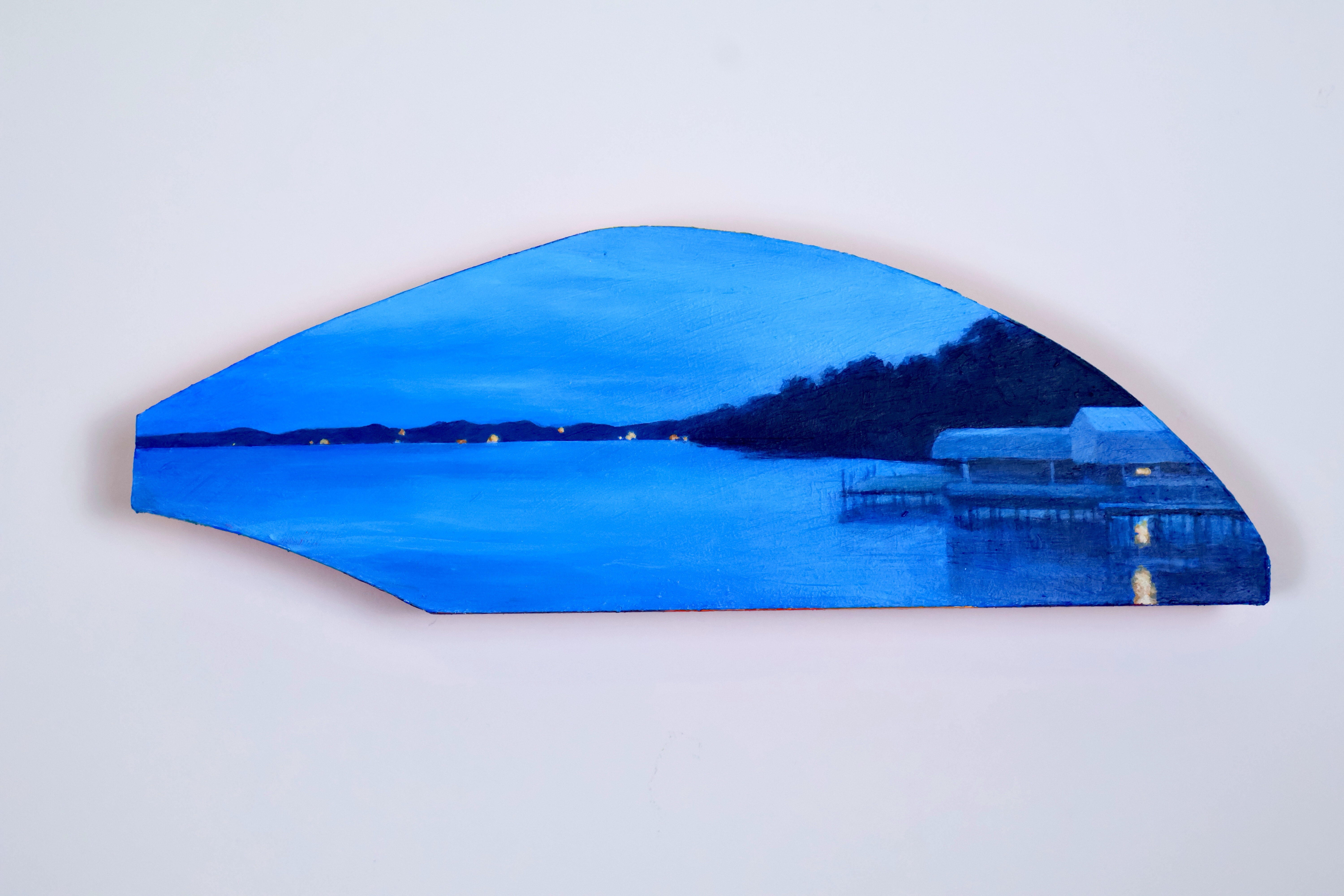 "Dockside" acrylic on custom panel, 1 x 4 x 2 inches. A visual and aural presentation of a view from a dock.