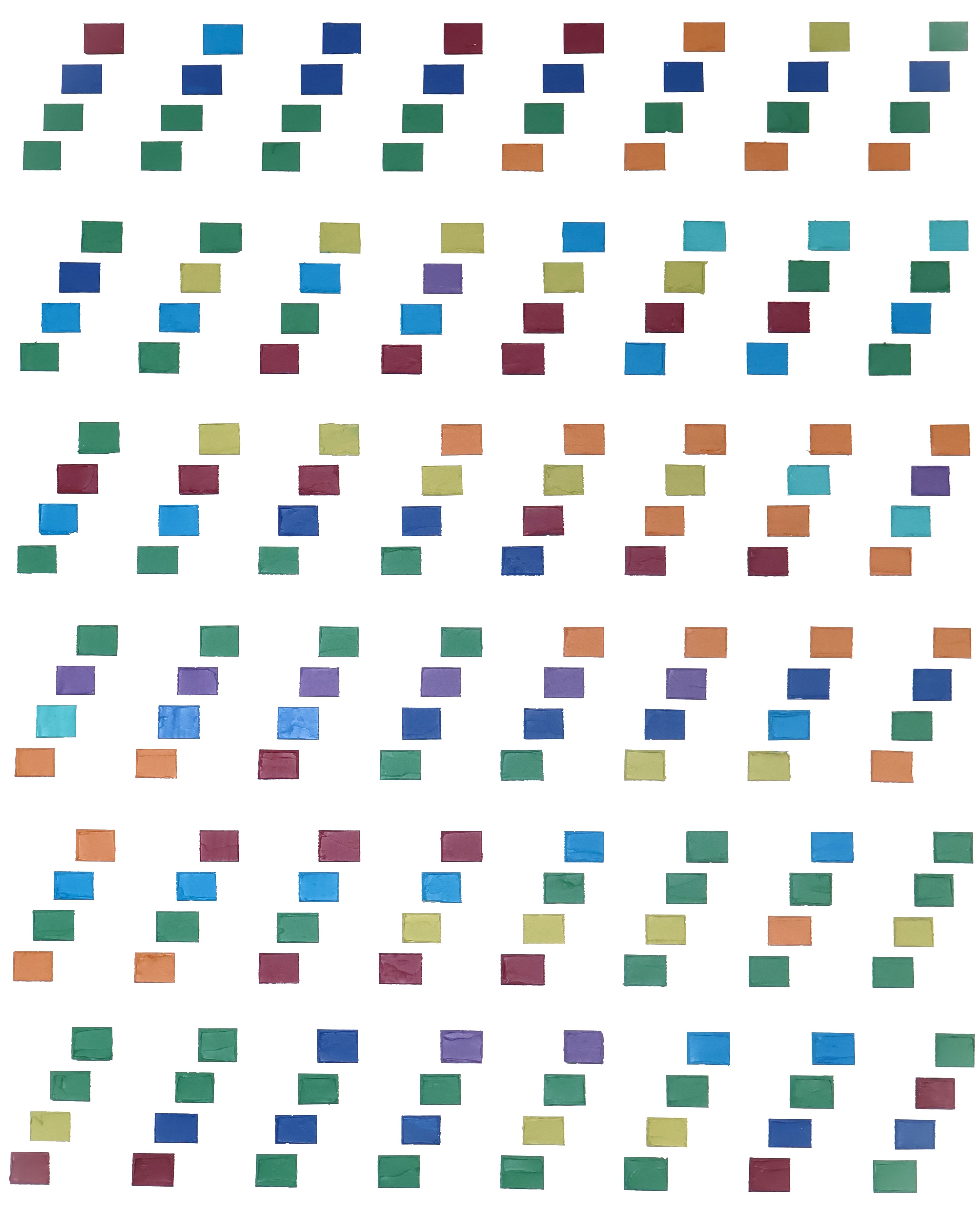 "Change in Routine" acrylic on cradled wood panel, 24 x 30 inches. Each group of four colors on a slight diagonal are representative of a chord.