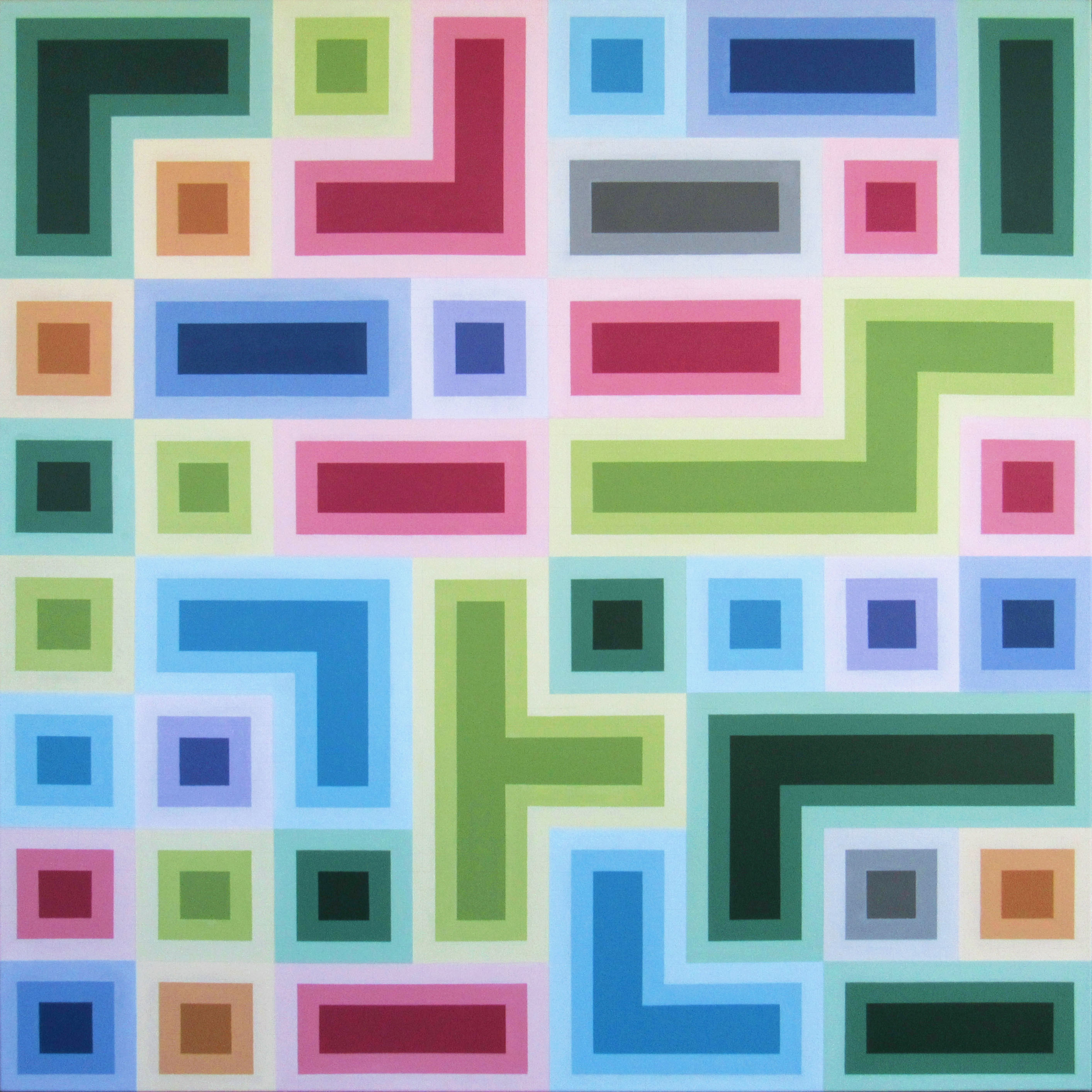 "Square Dance" acrylic on stretched canvas, 48 x 48 inches. This piece depicts a melody which can be performed by 2 people from 4 different directions.