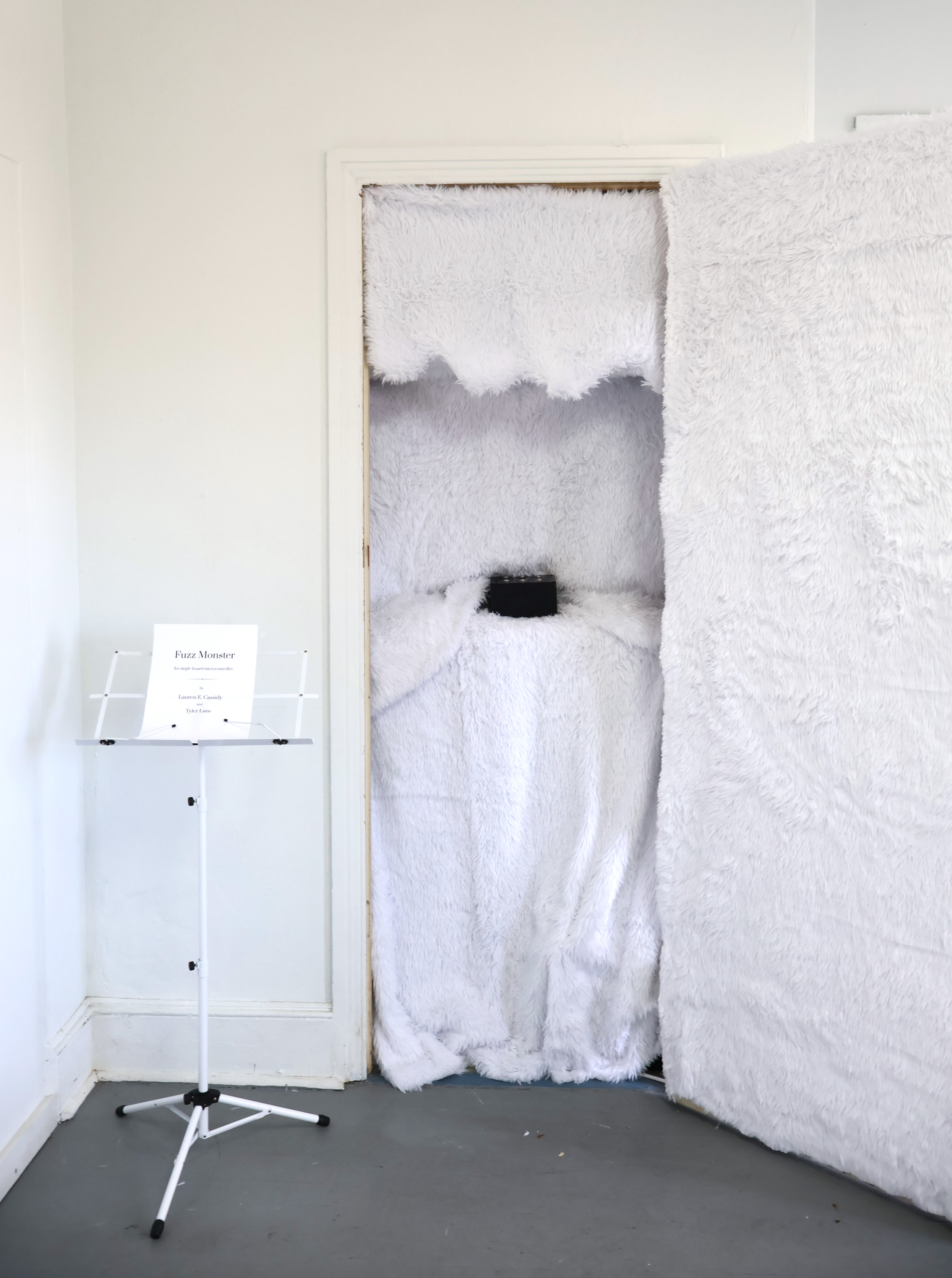 "Fuzz Monster" Installation piece. Buttons on the black box trigger simultaneous pitch and light displays. Gallery visitors were able to create their own melodies. Created in collaboration with Tyler Lane.