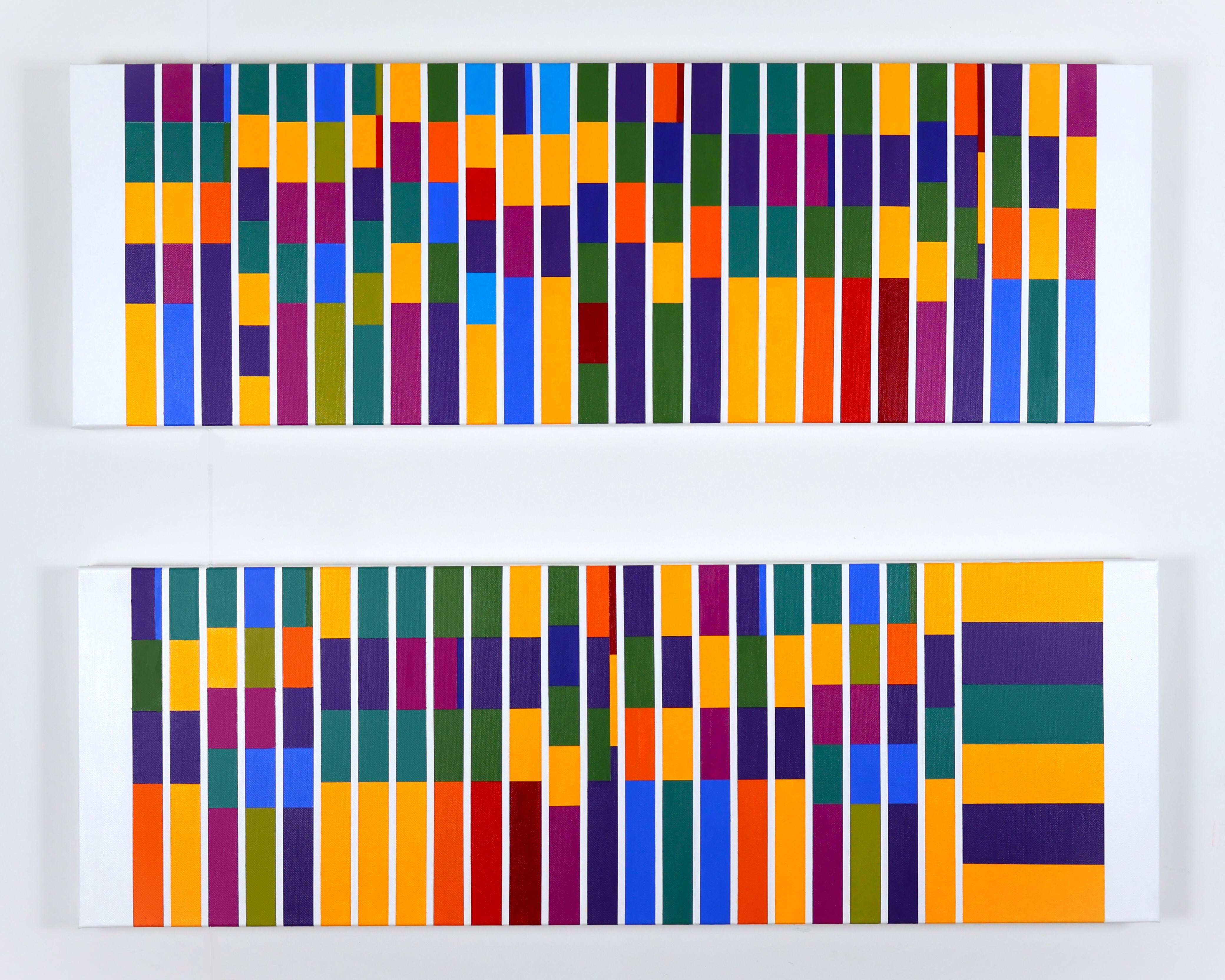 "Prelude in C Minor" (diptych) acrylic on canvas, 12 x 36 x 1.5 inches per panel. This diptych is a direct translation of Chopin’s “Prelude in C Minor” for piano.