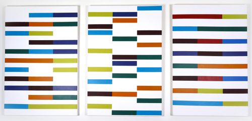 "Meditations" (triptych) acrylic on stretched canvas, 24 x 36 inches. An acrylic painting depicting a 3-movement music composition. This piece was composed to sound different every single time it is played.