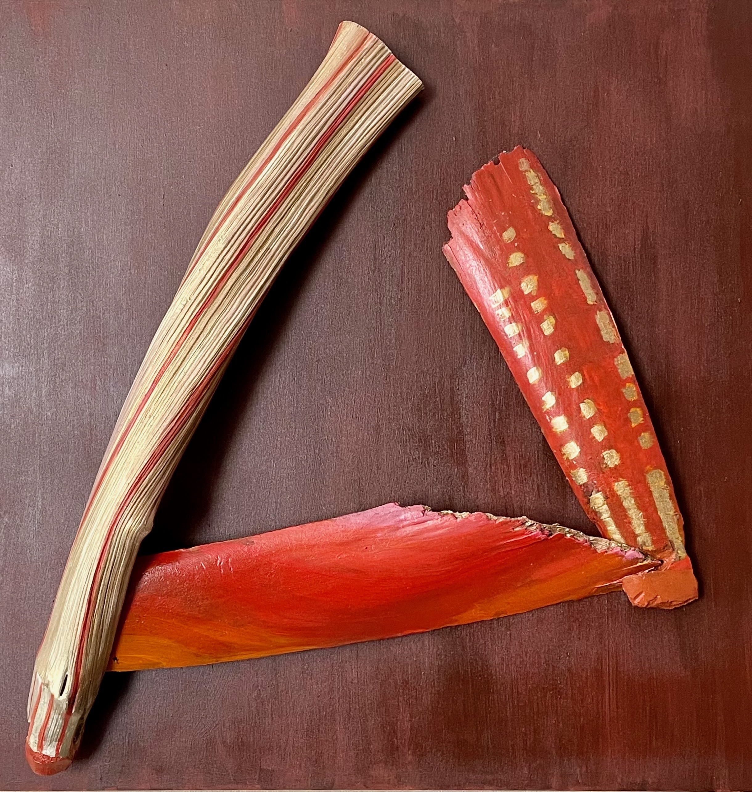 "Communication Breakdown" acrylic paint on palm bark, wood board, 20" × 20" × 2"