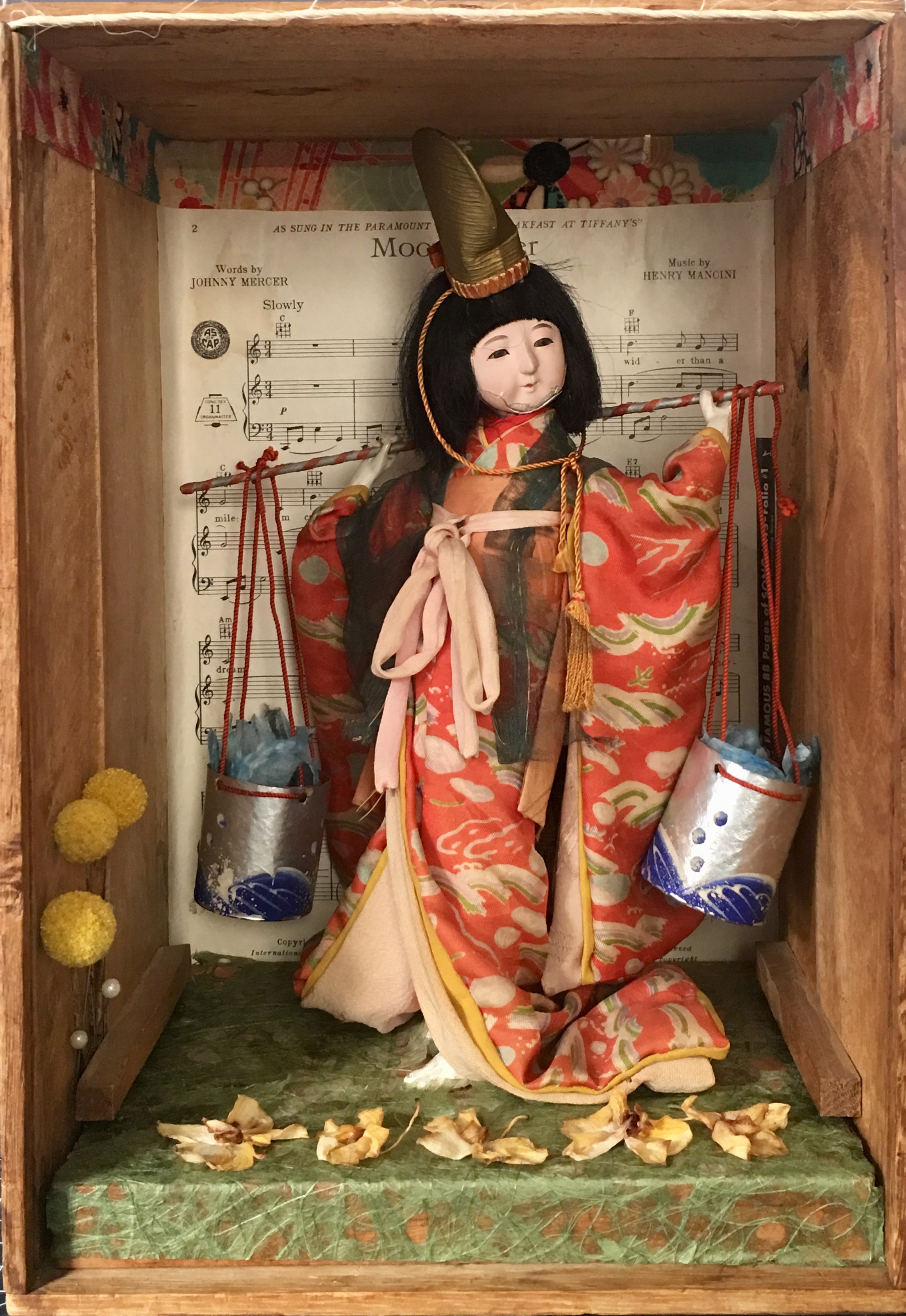 "Water Girl" Antique Korean doll, dried flowers, hat pins, sheet music, Japanese ribbon, washi, antique wood box, 12"× 9" × 8"
