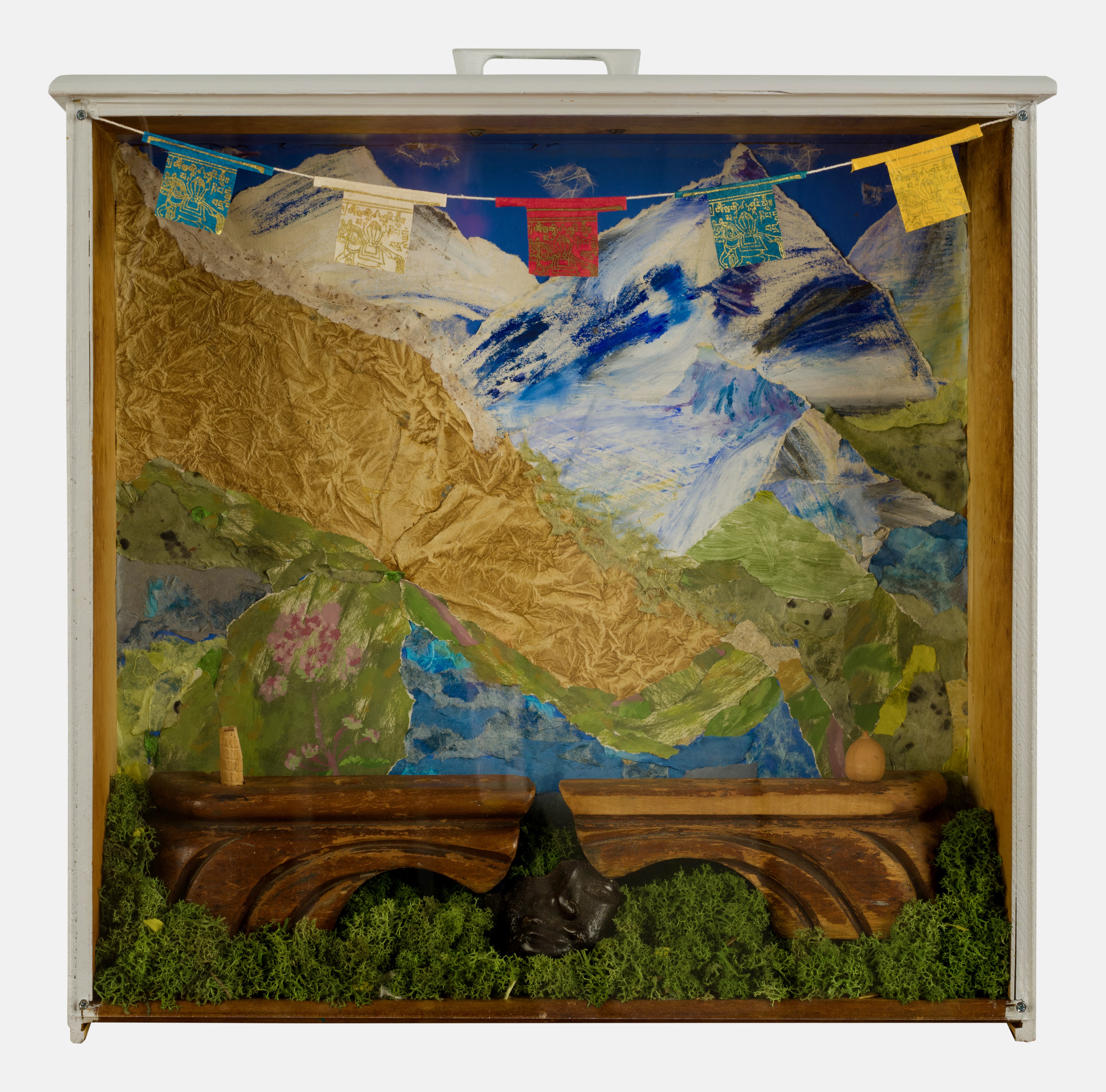 "May You Be Peaceful" mixed media: wood, moss, collage, wax, rice paper, paint, 18" × 18" × 4”