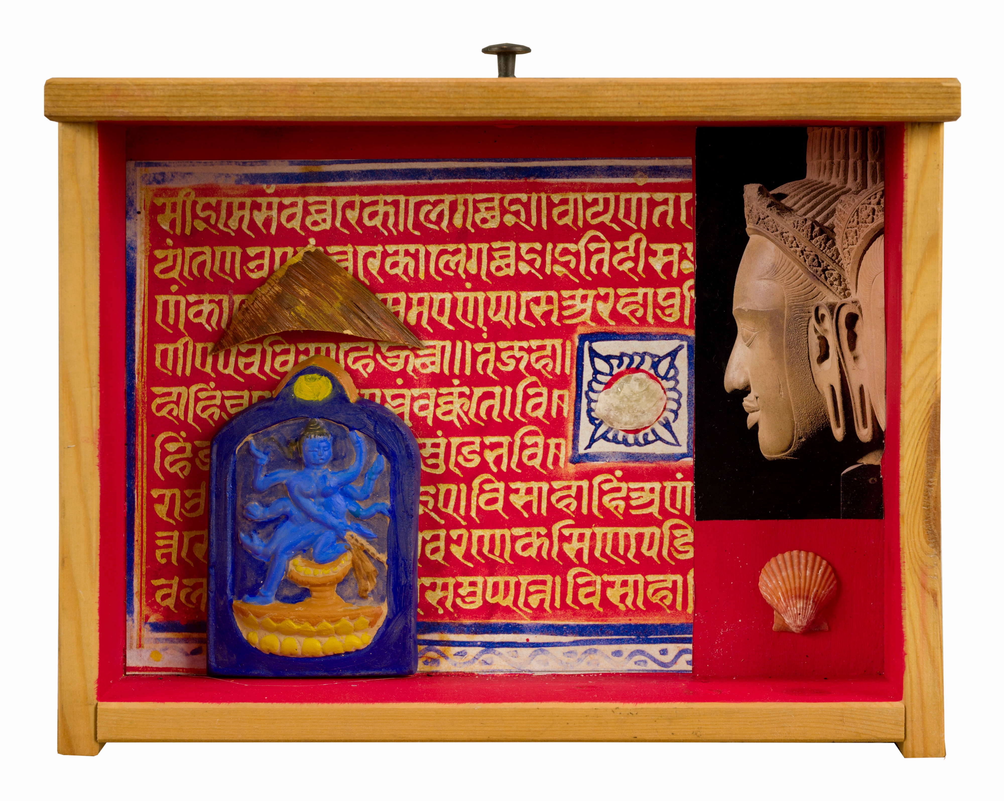 "Meditate With Us" Hindu and Buddhist images, sea shell, and mixed media in wood drawer, 9"× 12"× 3"