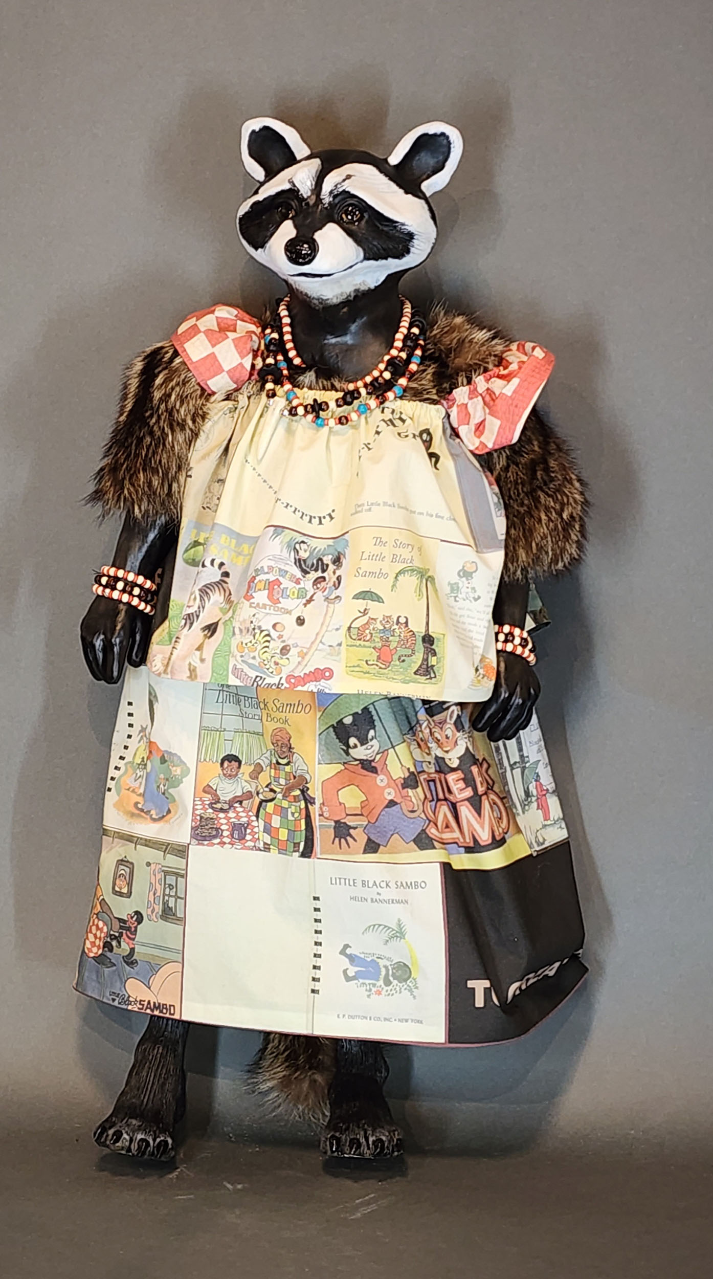 Honey Chile’ | 2024, stoneware, raccoon fur, hand screen cotton, 31 inches H
