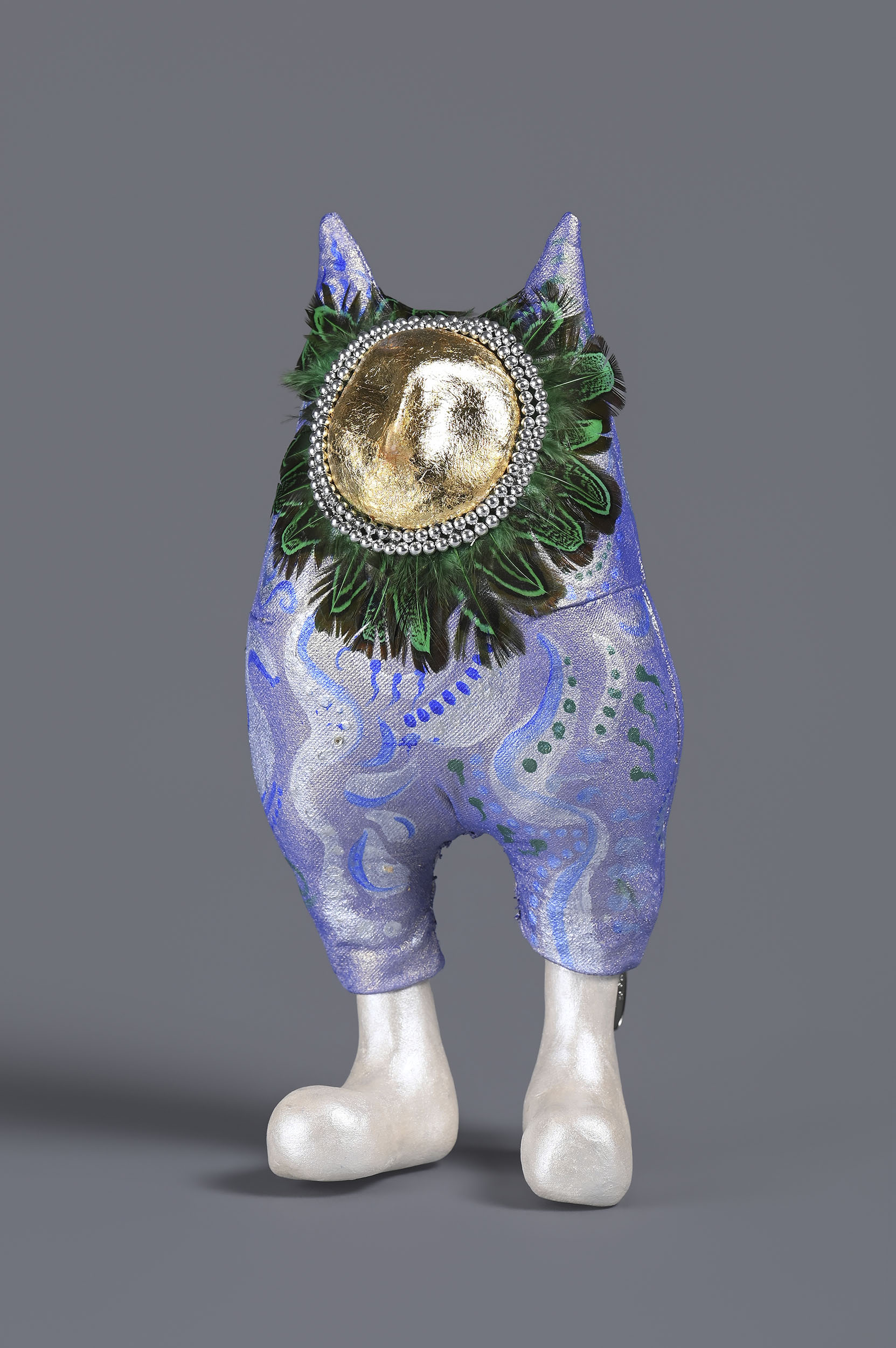 Augie | 2026, paper clay, hen feathers, acrylic paint, gold leaf, 12 inches H