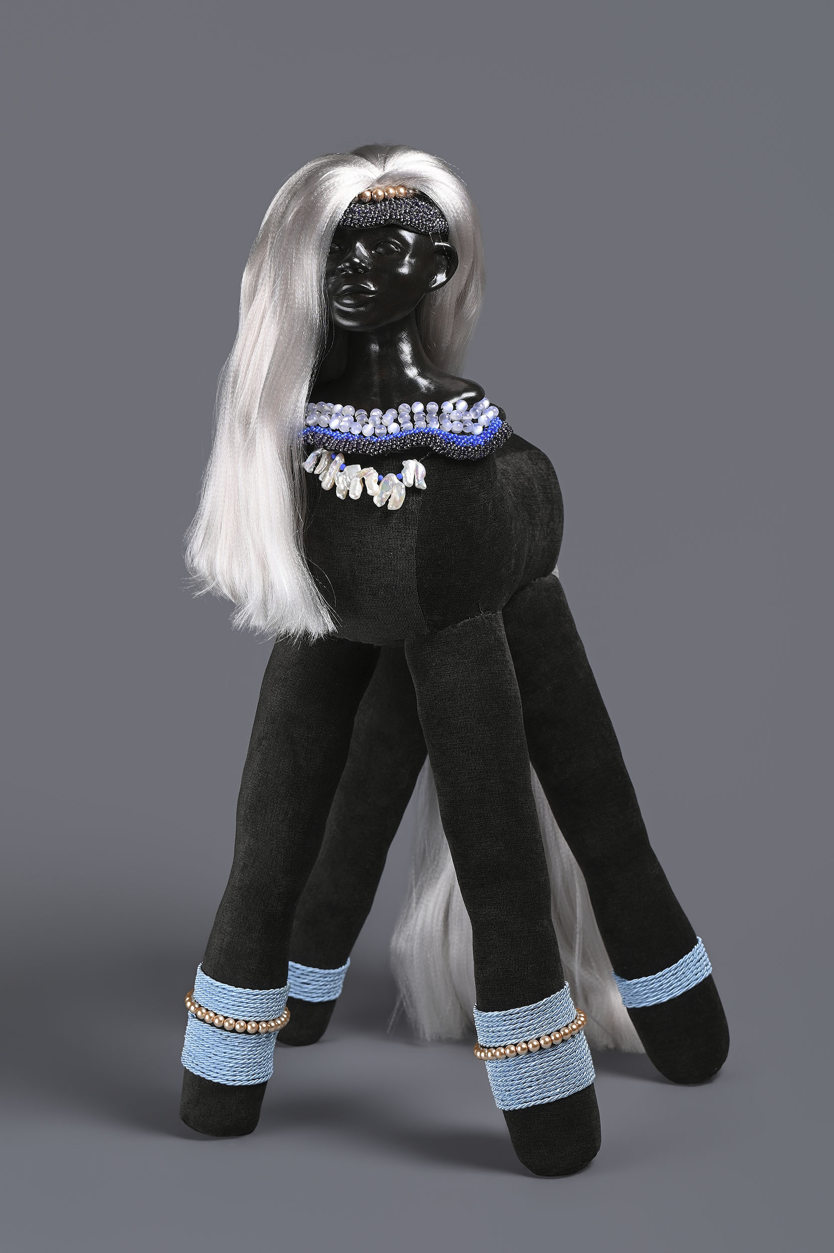 Queen | 2026, porcelain, synthetic fibers, freshwater pearls, glass beads, 24 inches H