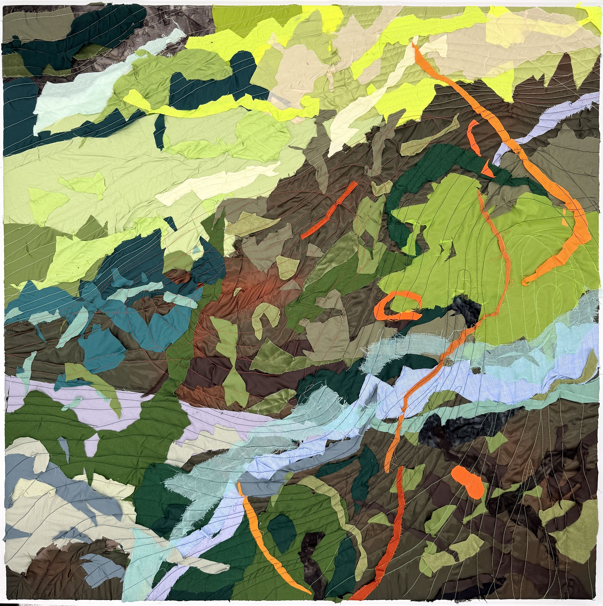 "Portal (1)" 2026, fiber art, fabric, thread, cotton batting on wood stretcher bars, 36 x 36 inches