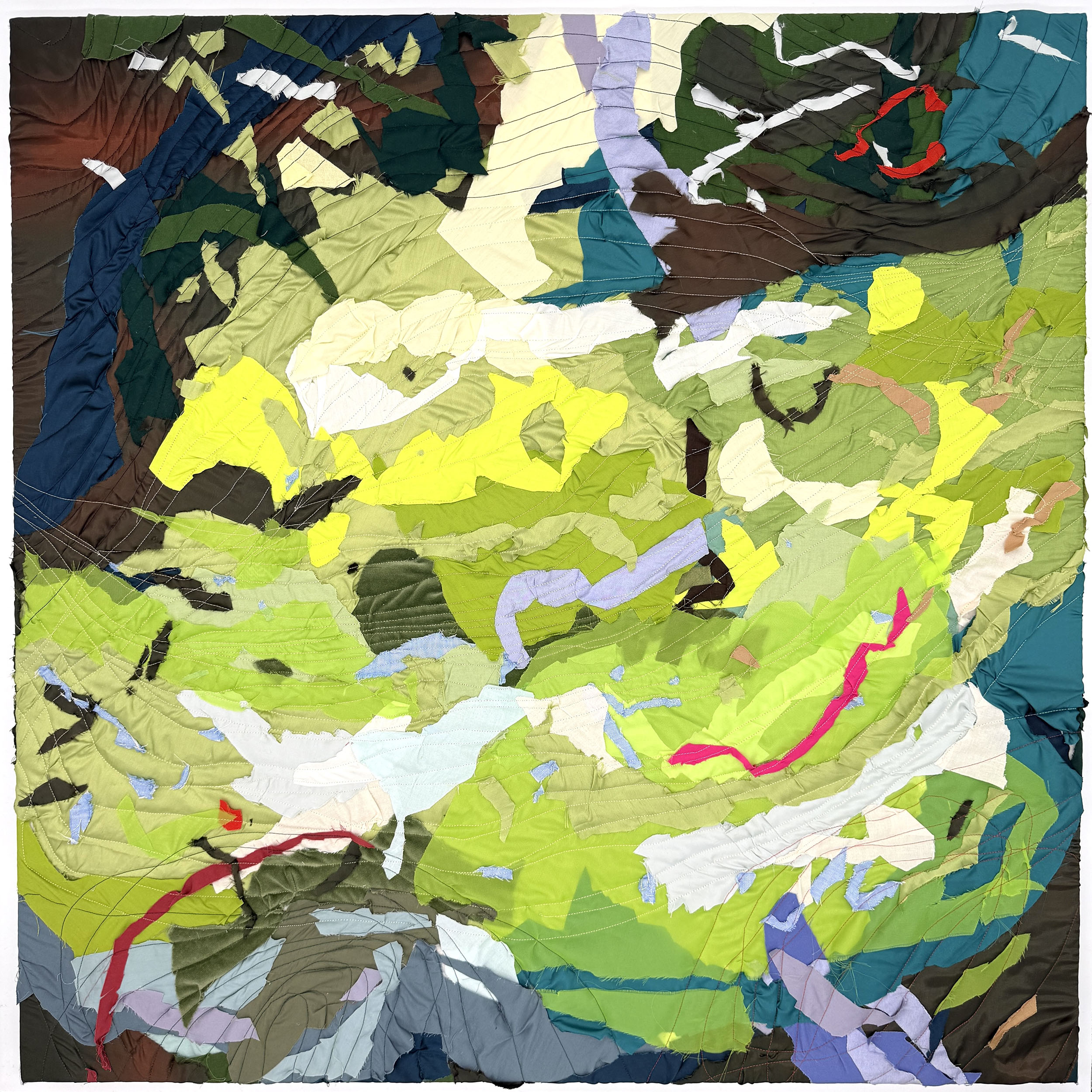 "Portal (2)" 2026, fiber art, fabric, thread, cotton batting on wood stretcher bars, 36 x 36 inches