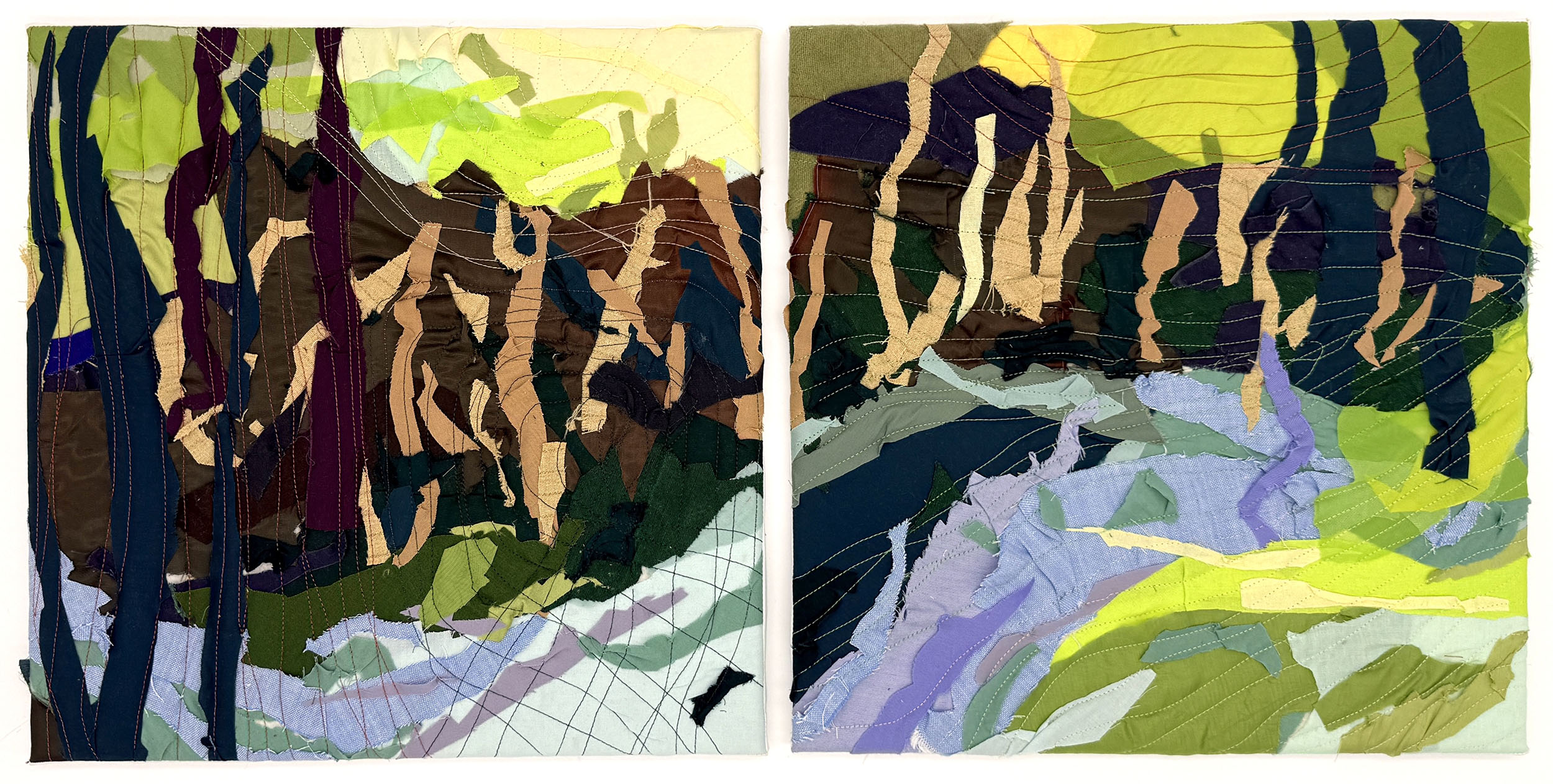 "Road to Thunder Mountain" (Diptych), 2026, fiber art, fabric, thread, cotton batting on wood stretcher bars, 14 x 28 inches