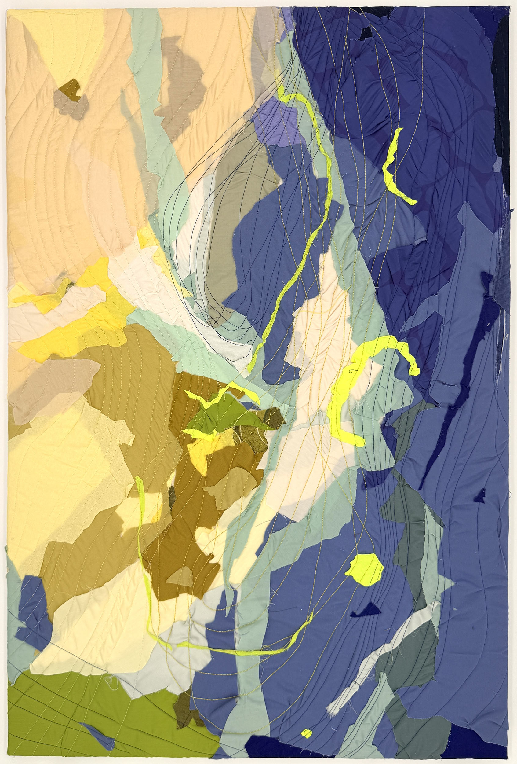 "Volley (1)" 2026, fiber art, fabric, thread, cotton batting on wood stretcher bars, 36 x 24 inches