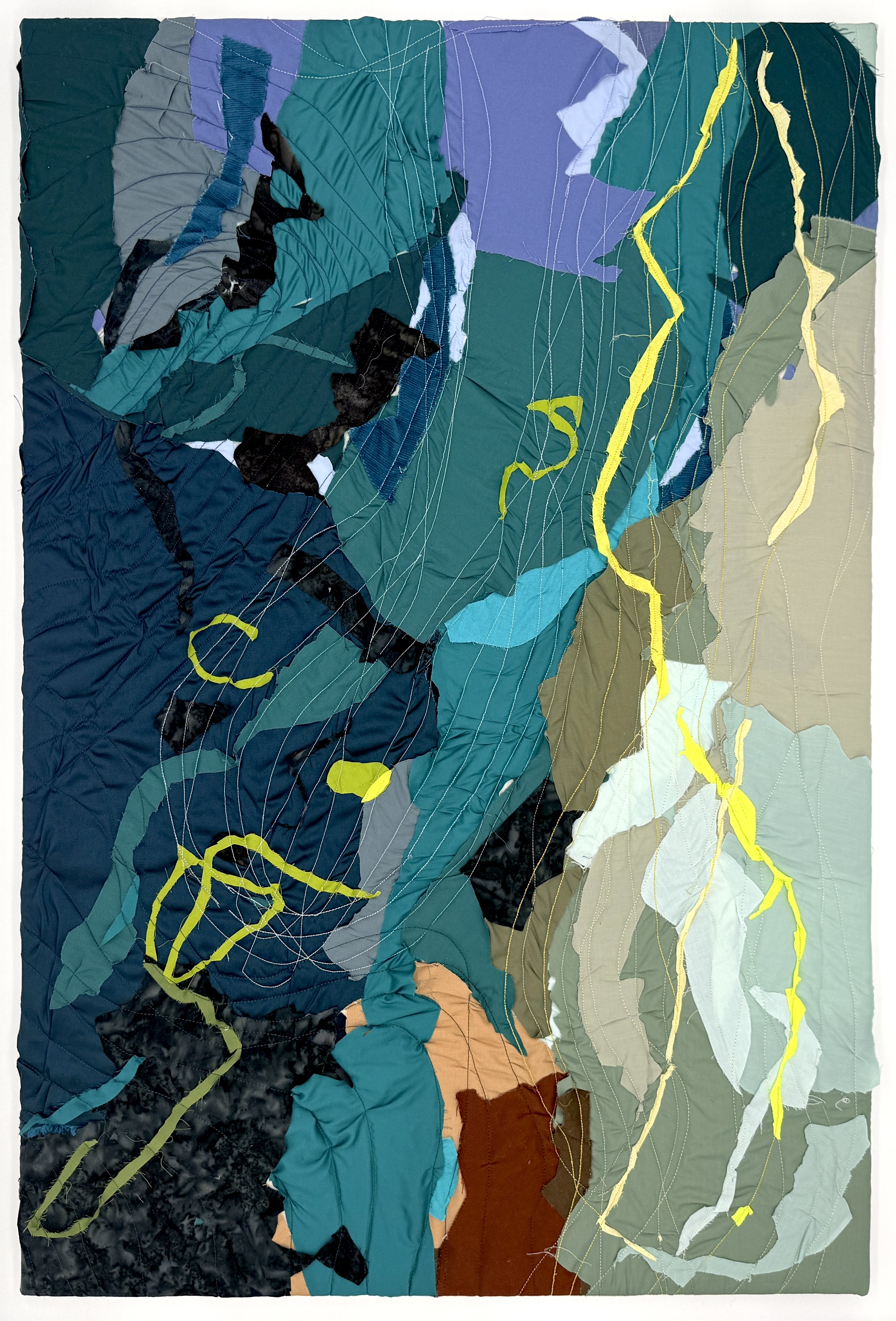 "Volley (2)" 2026, fiber art, fabric, thread, cotton batting on wood stretcher bars, 36 x 24 inches