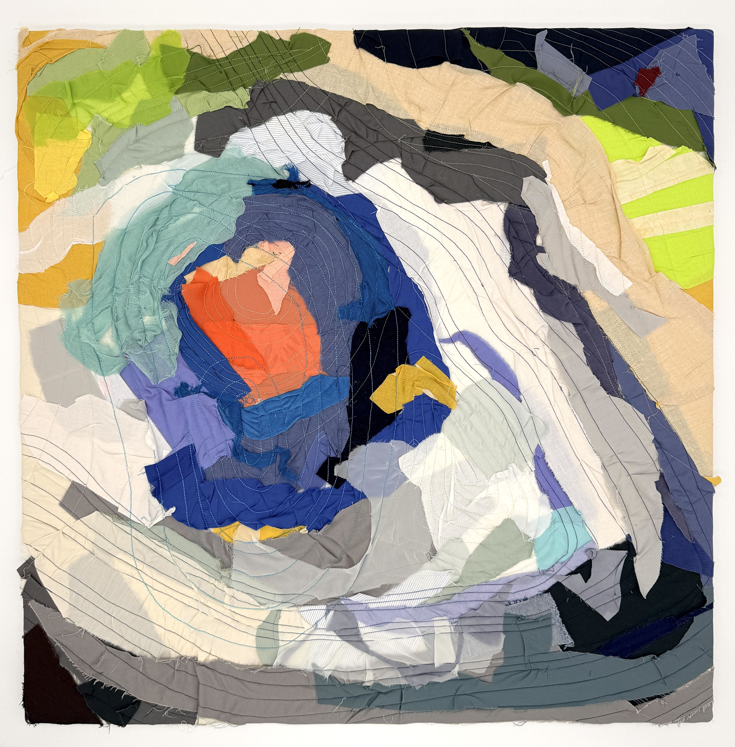 "Bath" 2026, fiber art, fabric, thread, cotton batting on wood stretcher bars, 28 x2 8 inches