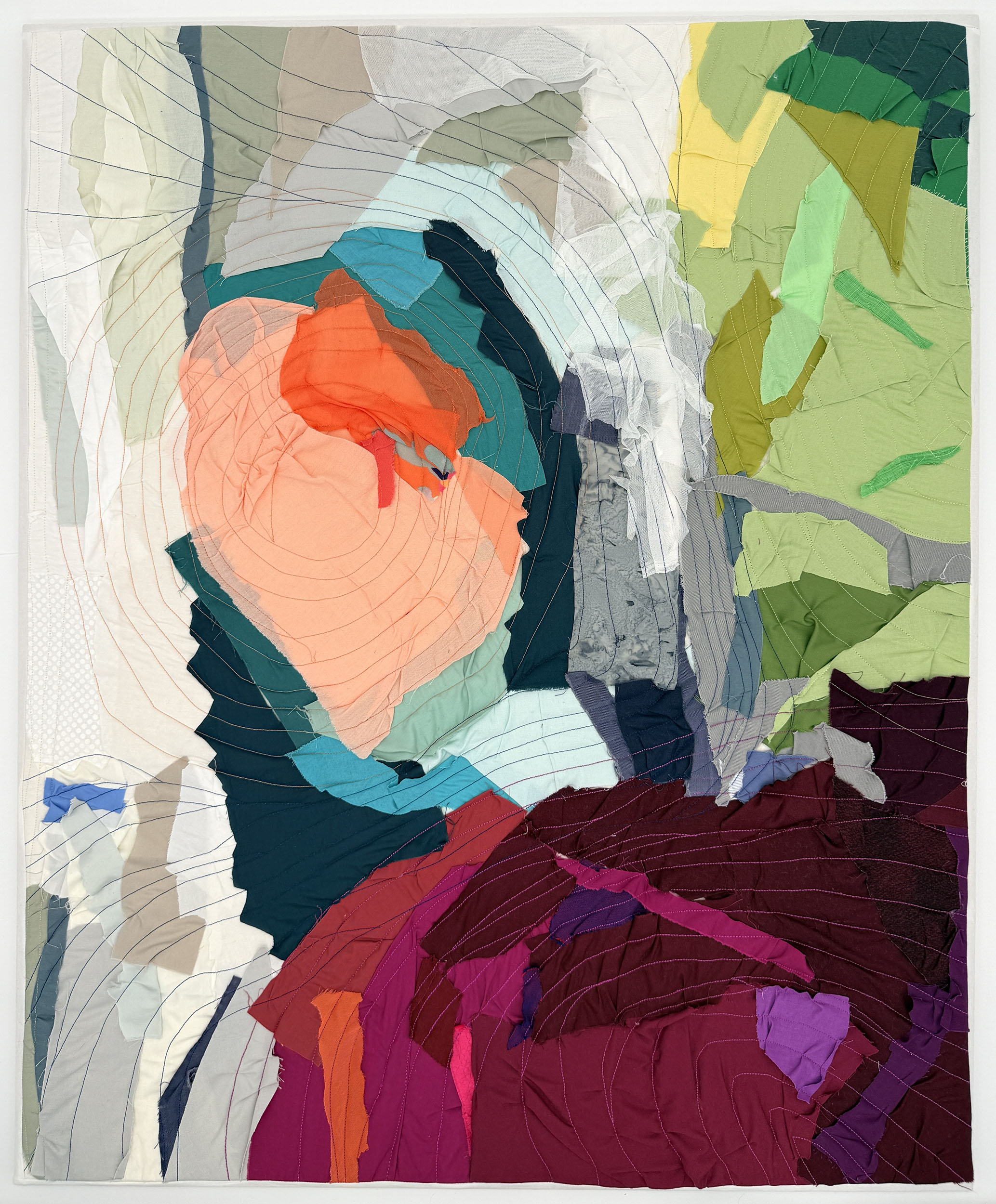 "After the Bath" 2026, fiber art, fabric, thread, cotton batting on wood stretcher bars, 34 x 28 inches