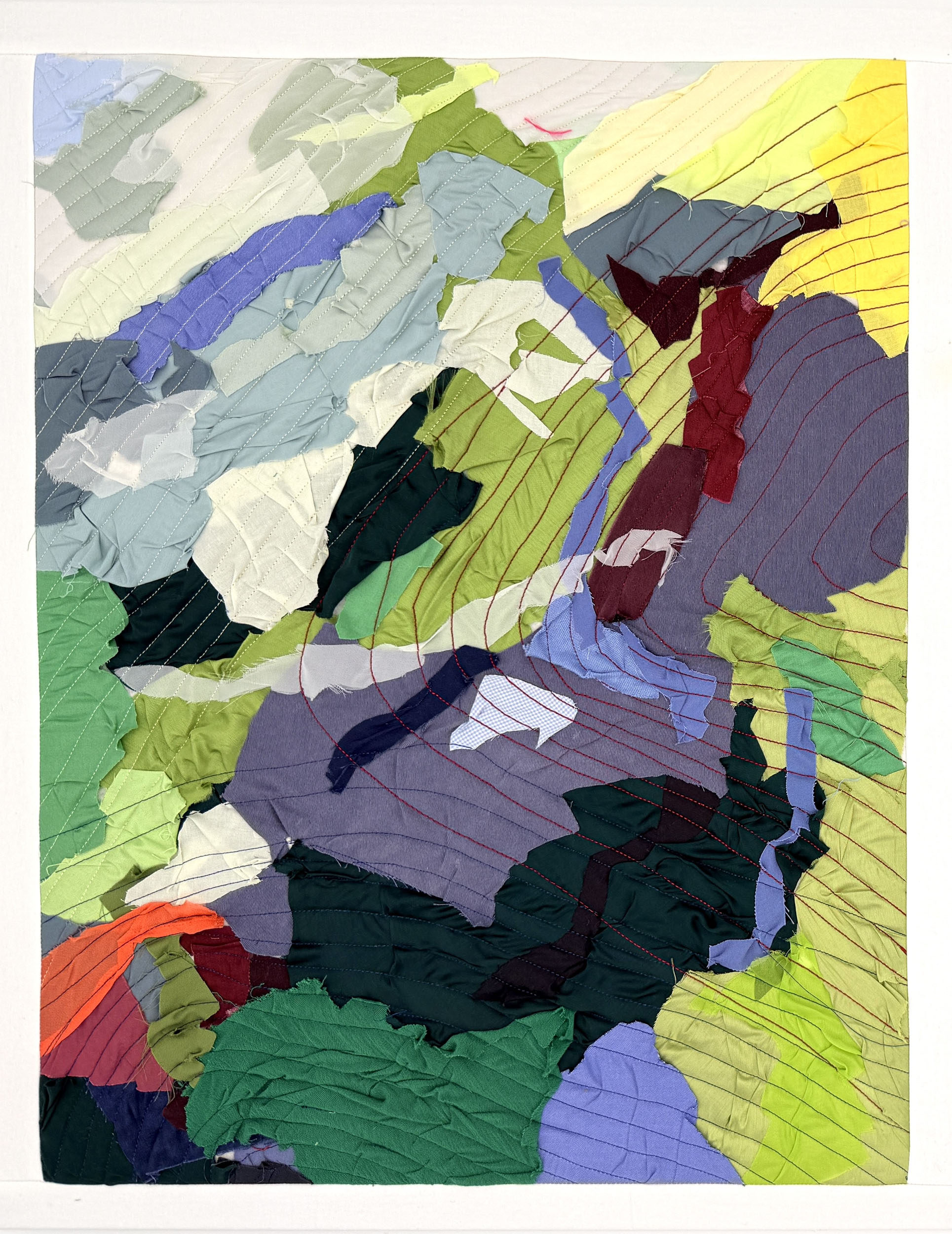 "Enchantment (1)" 2026, fiber art, fabric, thread, cotton batting on wood stretcher bars, 24 x 19 inches