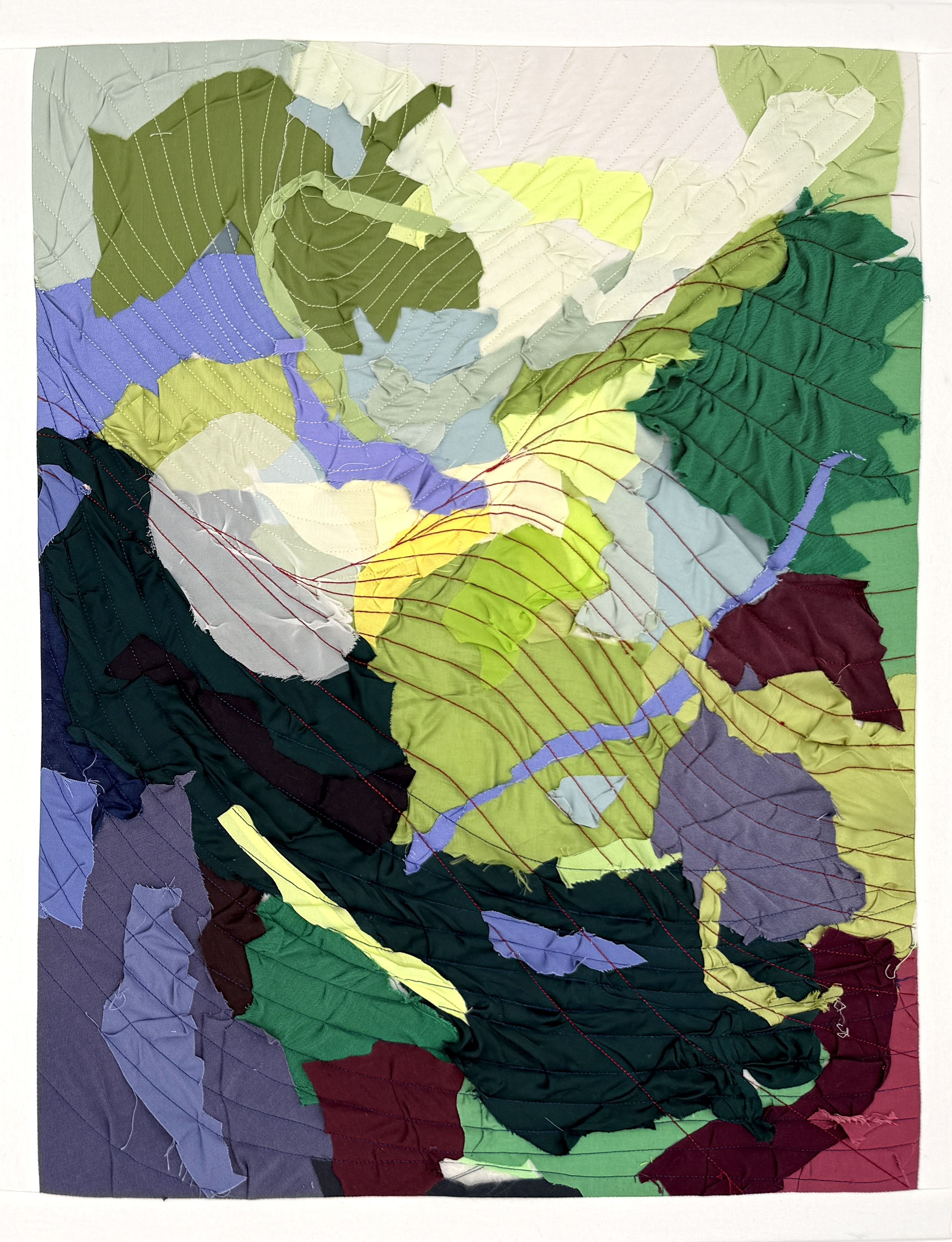 "Enchantment (2)" 2026, fiber art, fabric, thread, cotton batting on wood stretcher bars, 24 x 19 inches