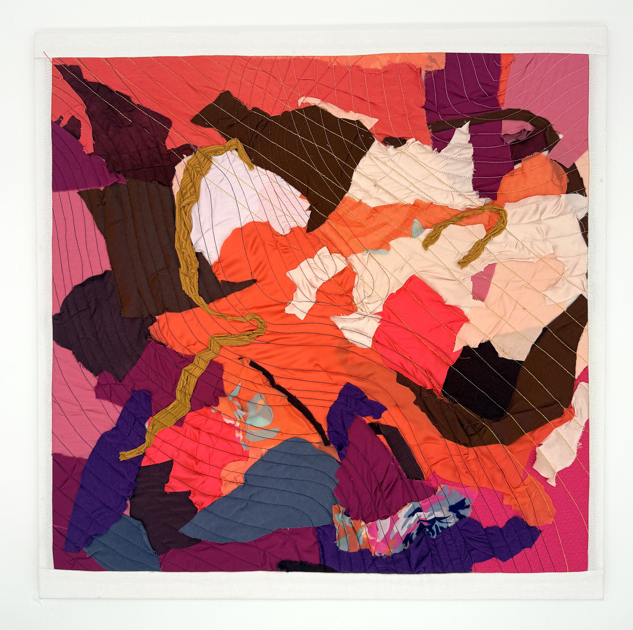 "Equinox (1)" 2026, fiber art, fabric, thread, cotton batting on wood stretcher bars, 24 x 24 inches