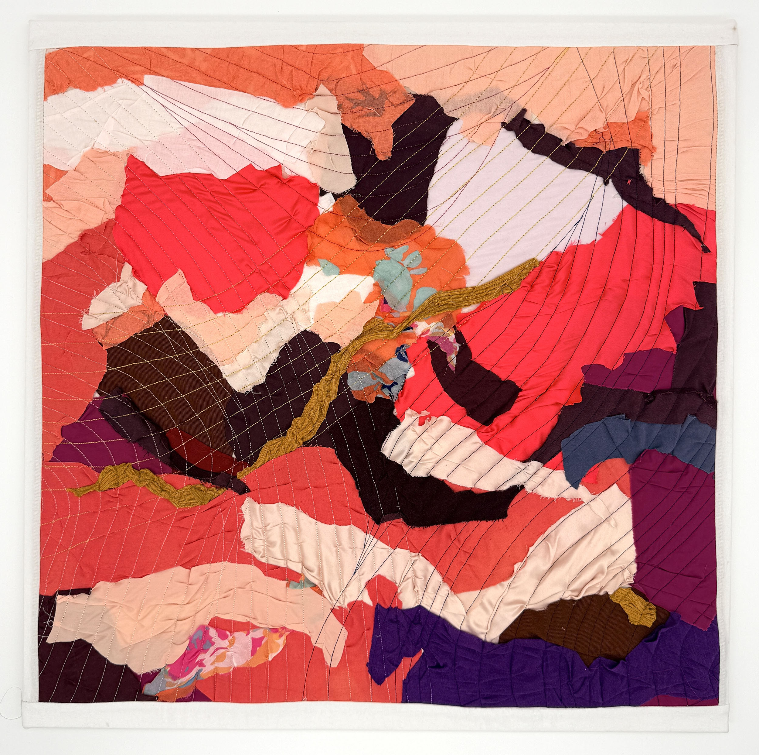"Equinox (2)" 2026, fiber art, fabric, thread, cotton batting on wood stretcher bars, 24 x 24 inches